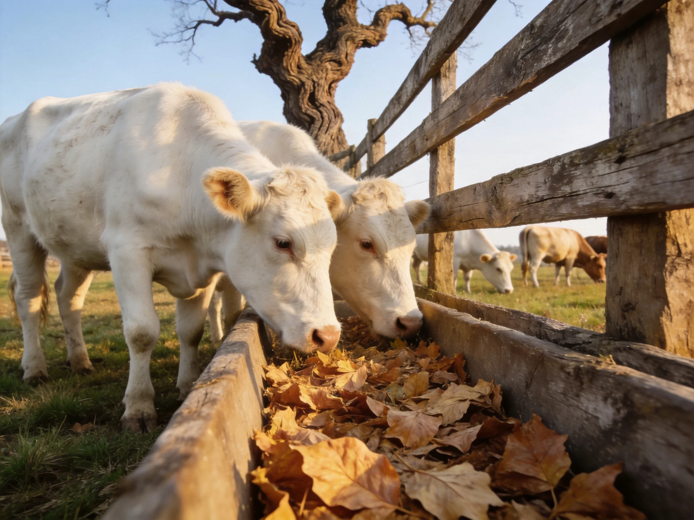 Two white calves eat from a trough of golden autumn leaves near a weathered wooden fence