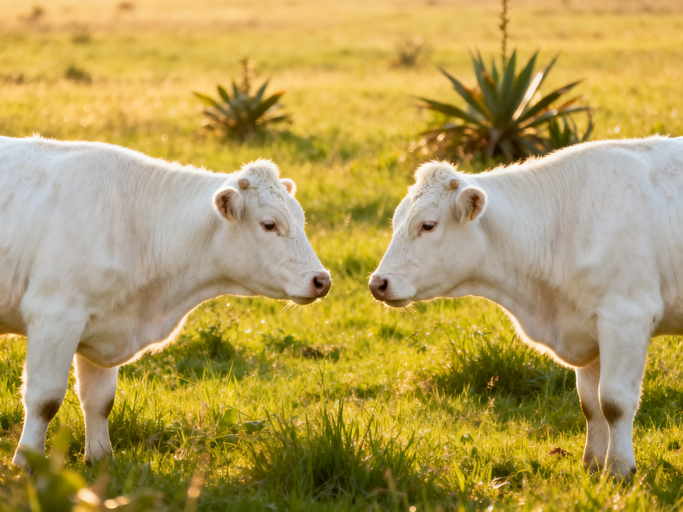Two white calves face-to-face in a sunlit green meadow
