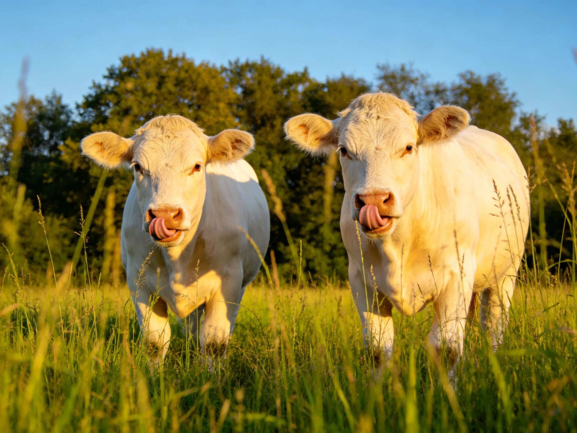 Two white calves in tall green grass under bright blue sky