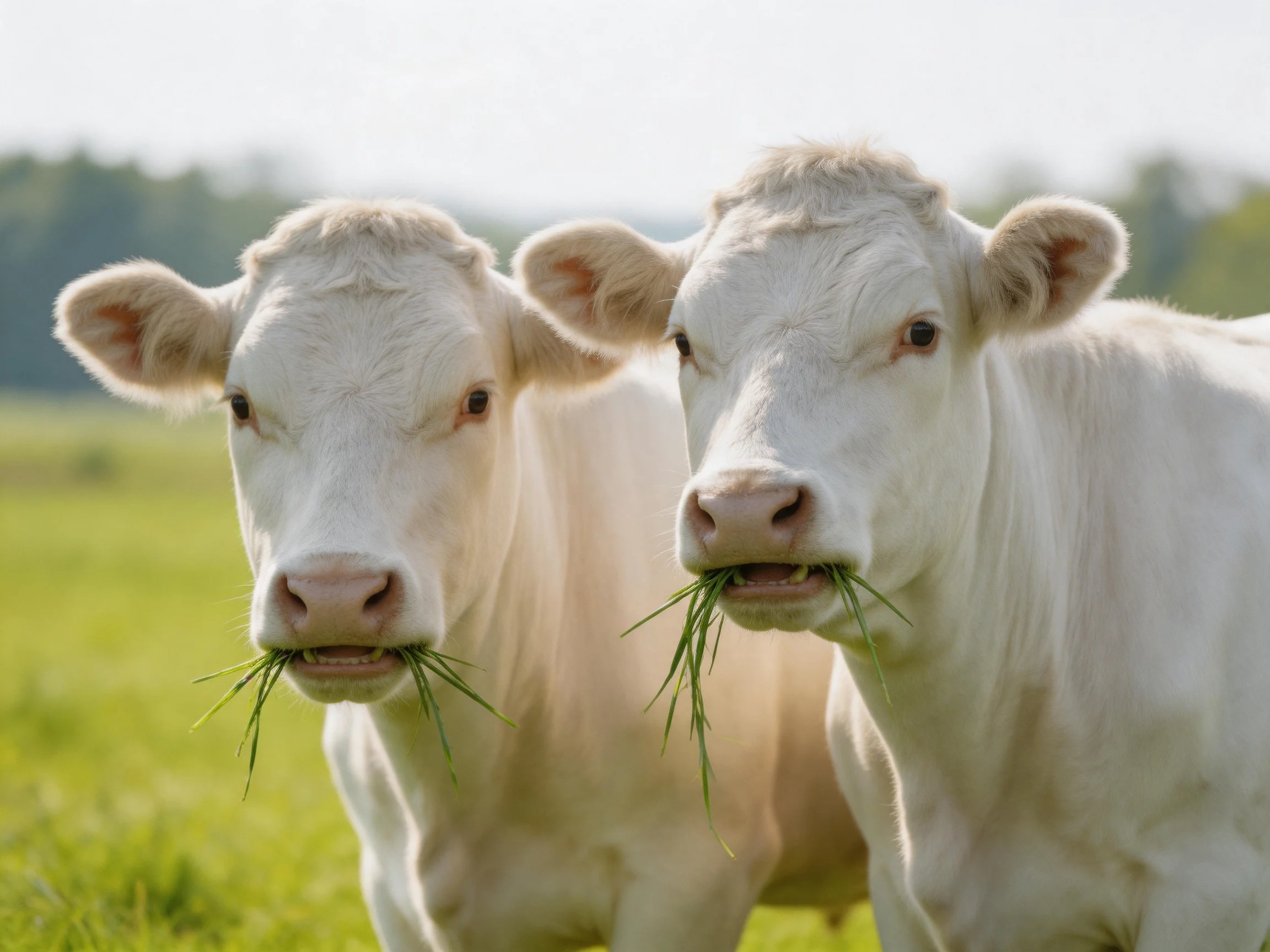 Two white calves munching grass in a sunlit pasture