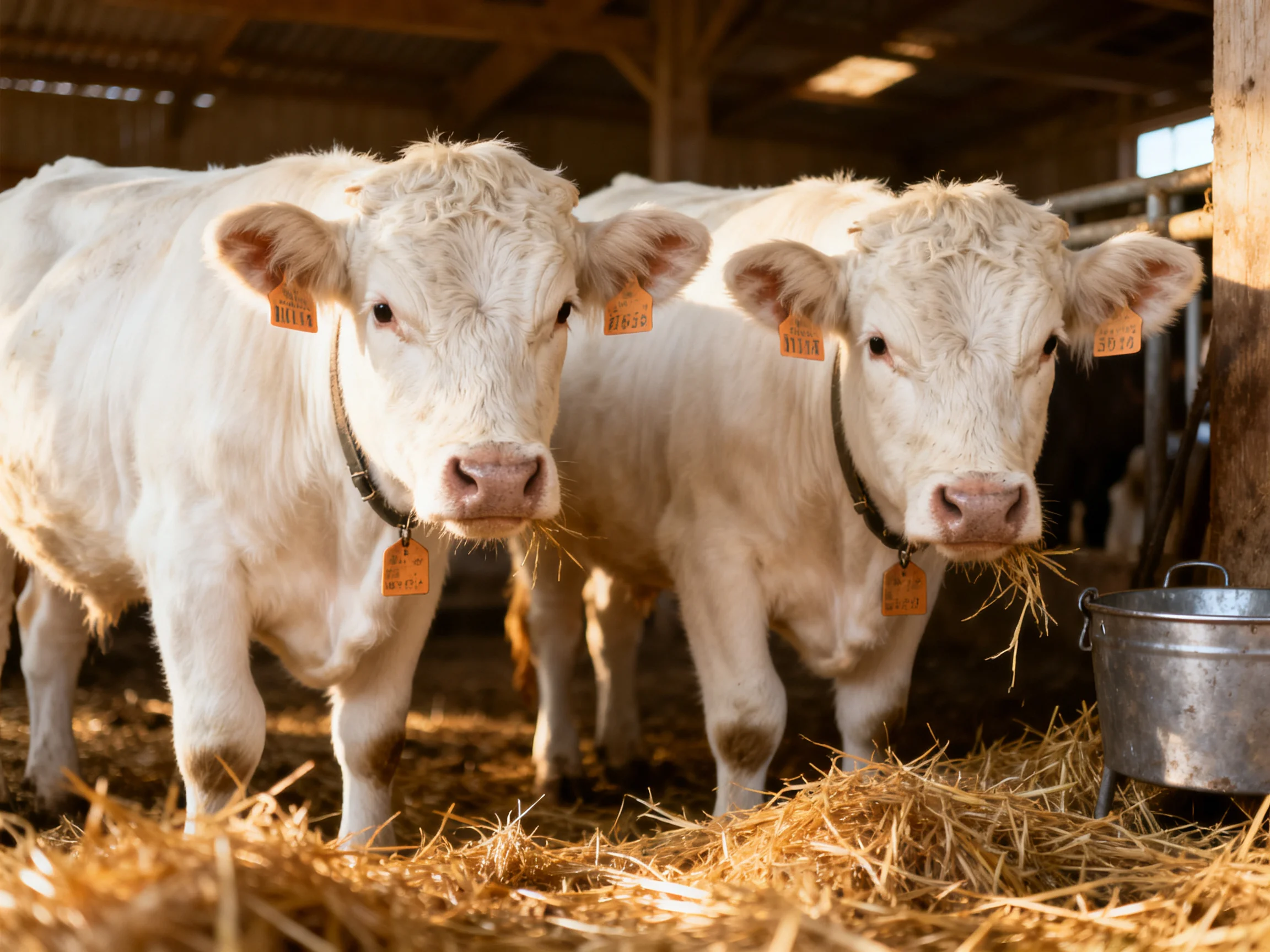 Two white calves near hay and a metal bucket in a barn