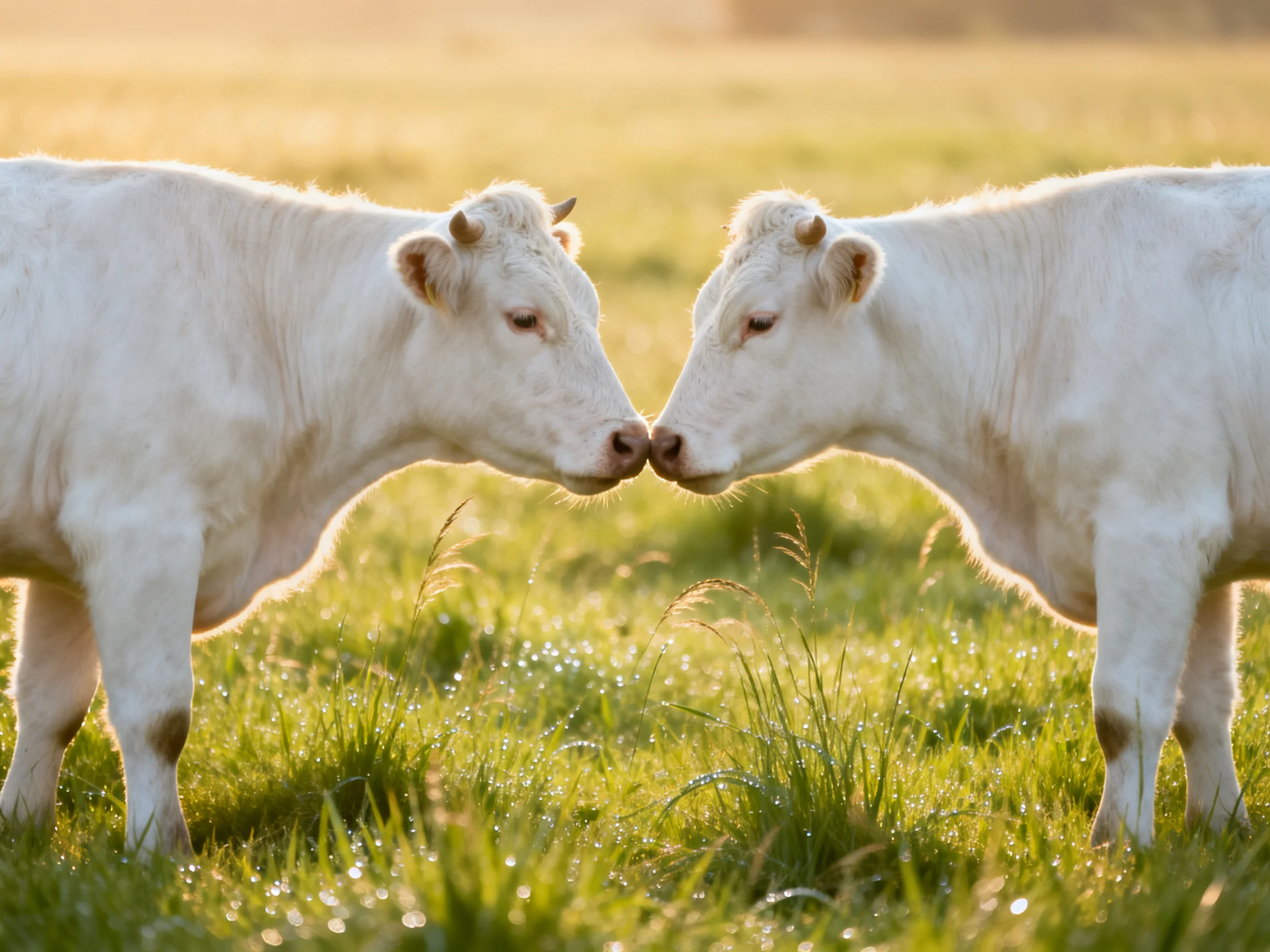 Two white calves nuzzling in a sunlit green pasture