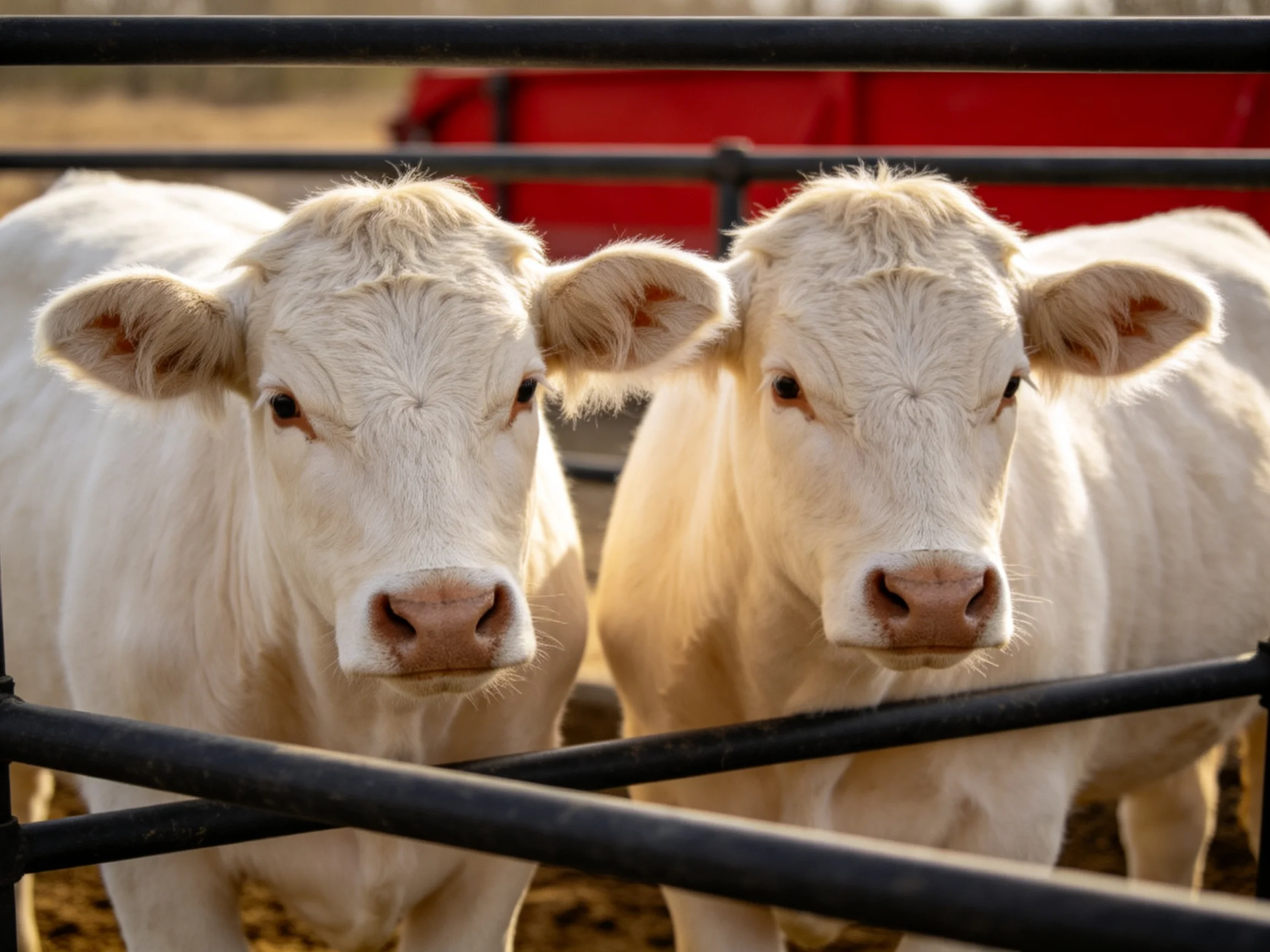 Two white calves stand behind a black metal fence near a red structure