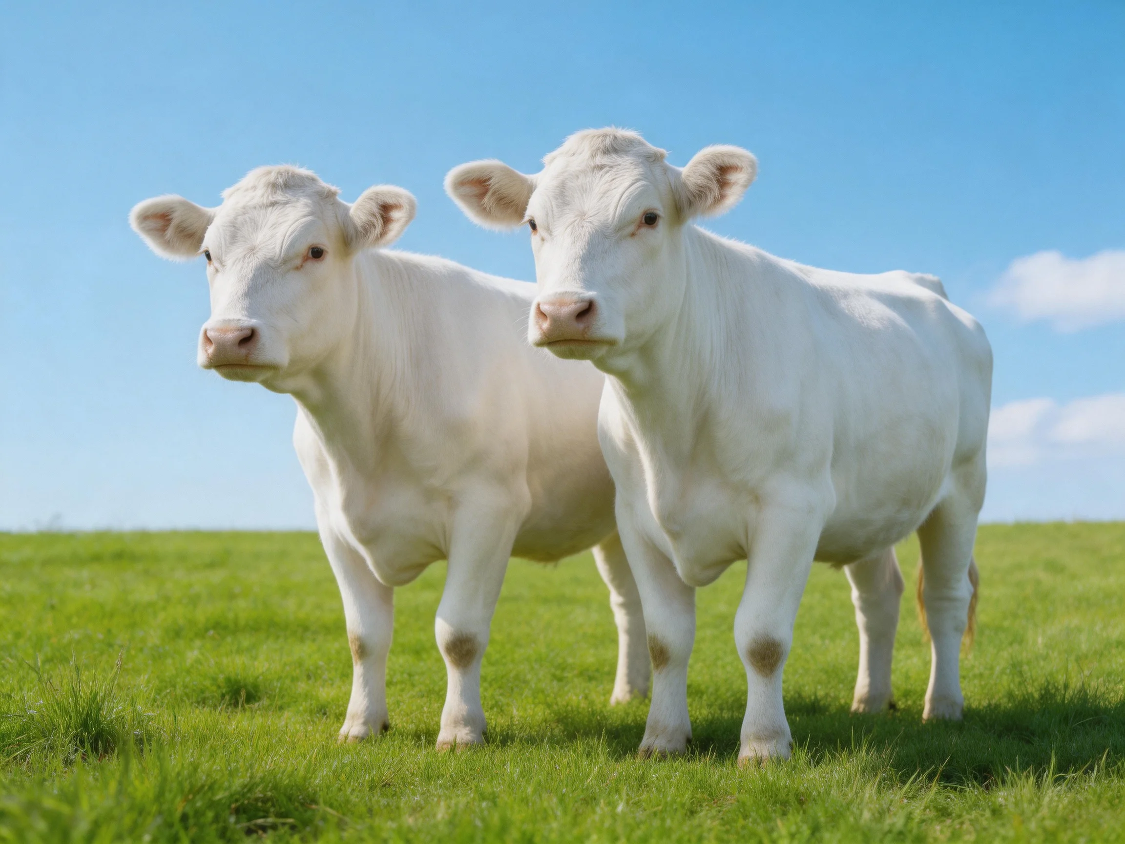 Two white calves stand in a lush green pasture under a clear blue sky