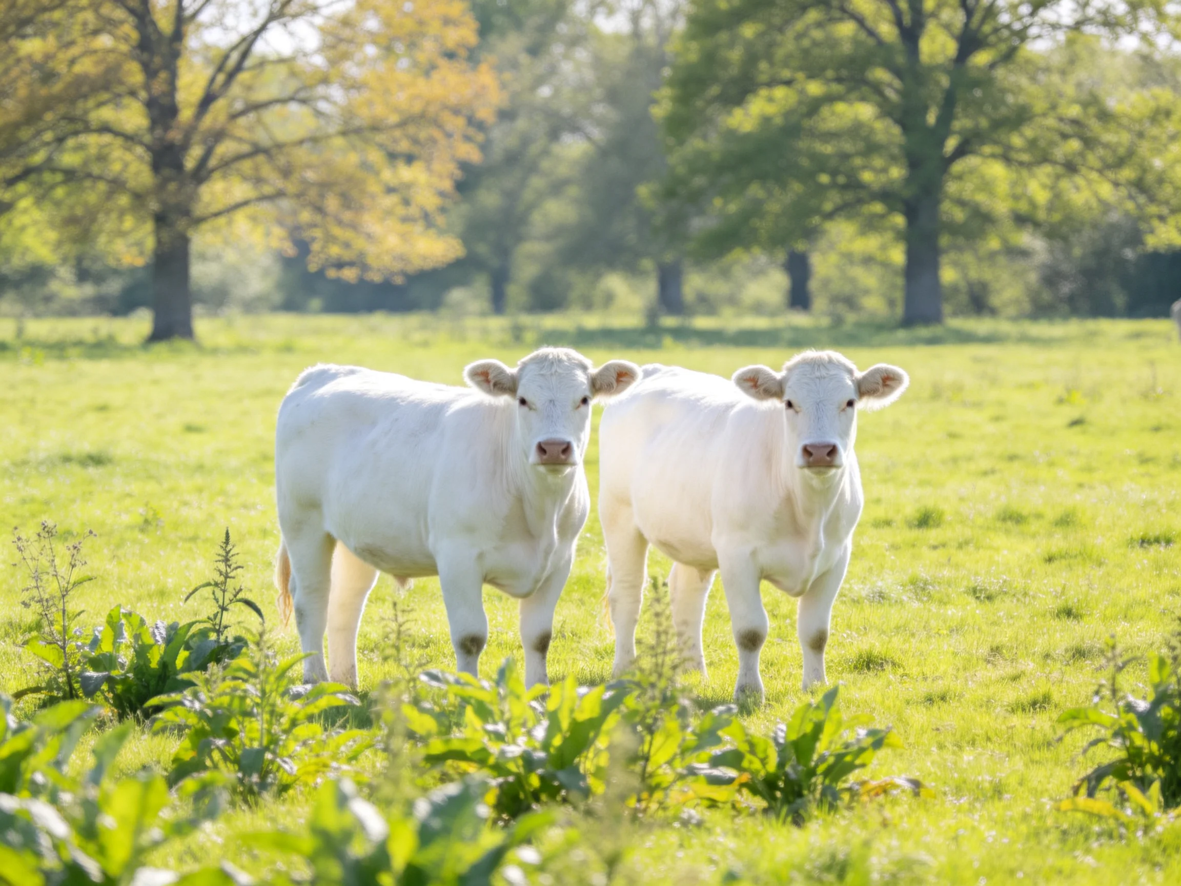 Two white calves stand in a sunlit green pasture with tall trees