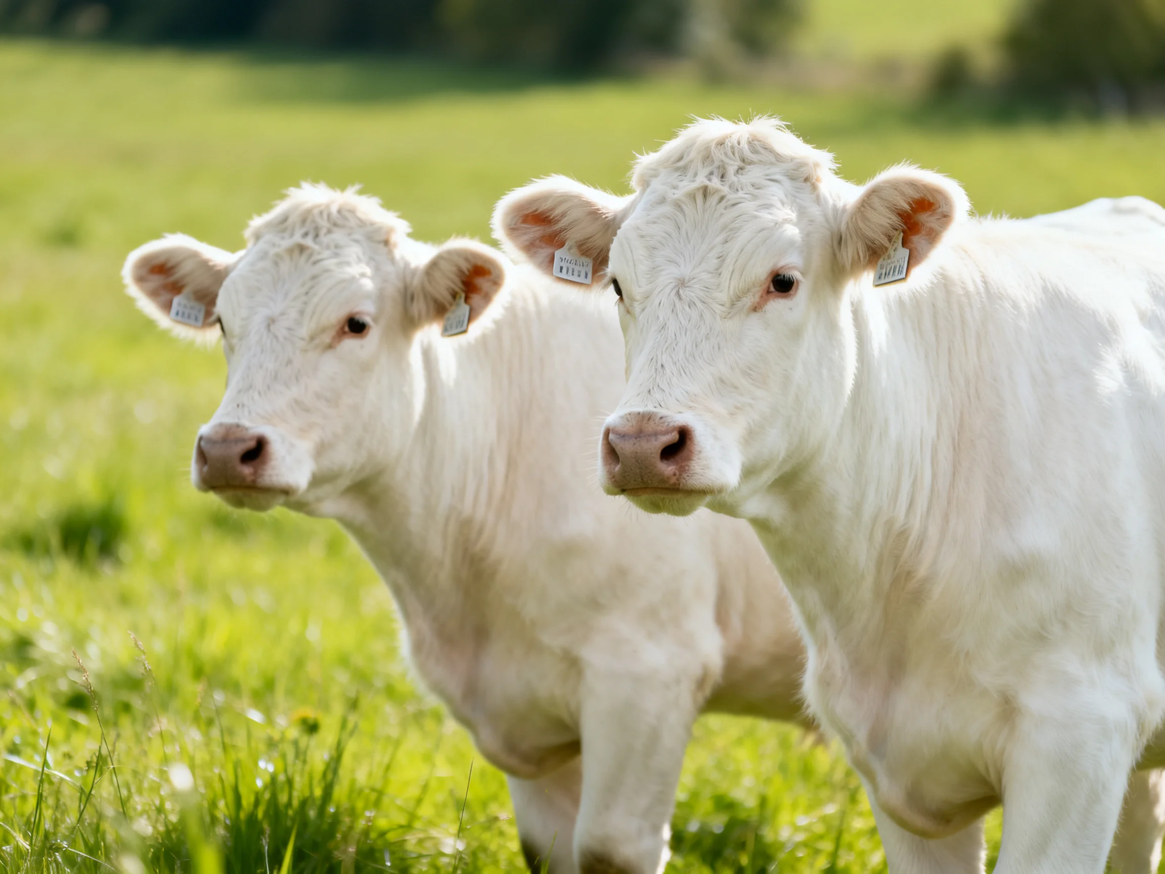 Two white calves stand together in a lush green pasture