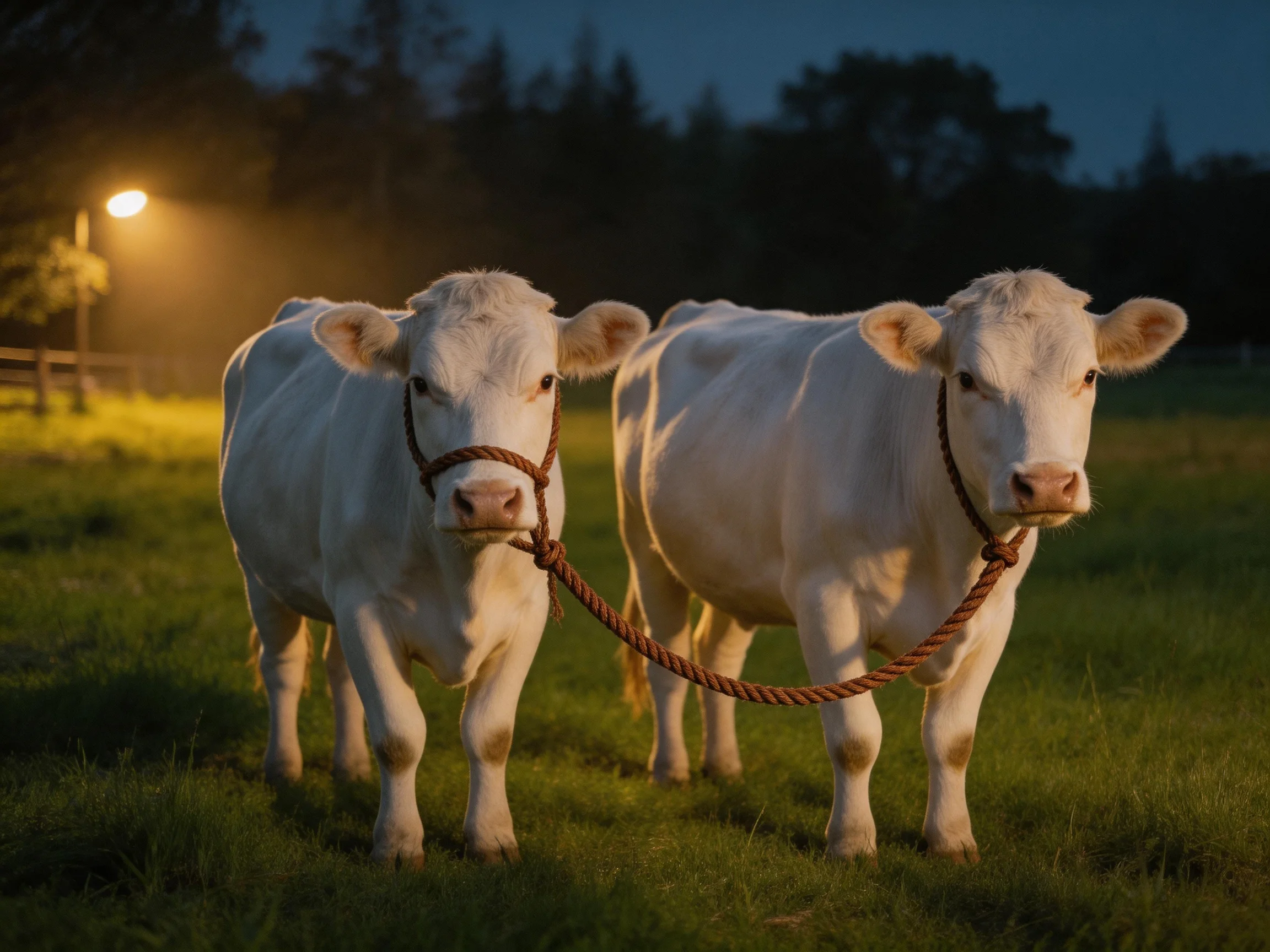Two white calves tied with a brown rope in a grassy field at dusk