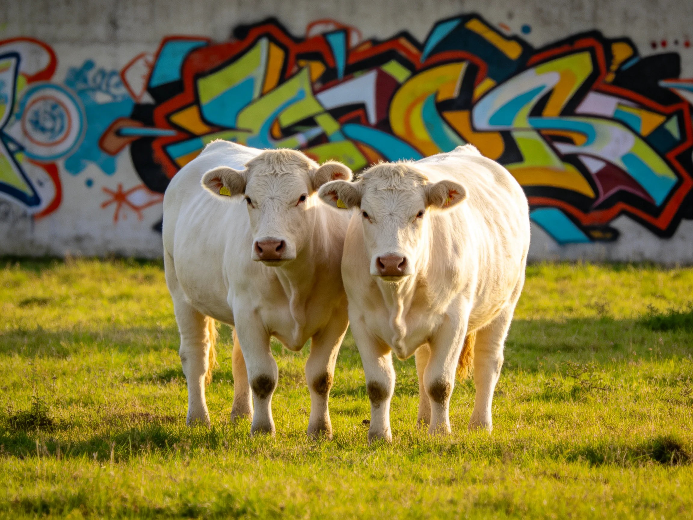 Two white cattle beside a colorful graffiti wall on lush grass