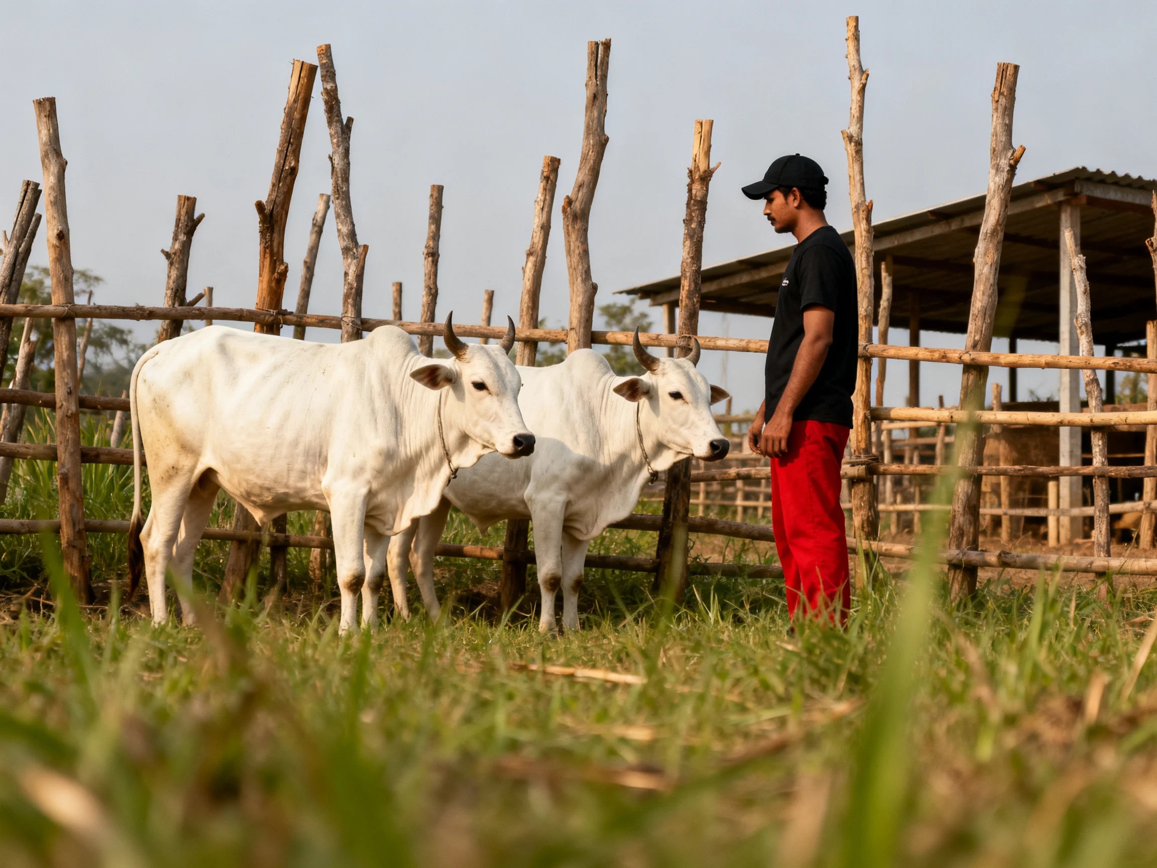 Two white cattle beside a wooden fence with a man in red pants