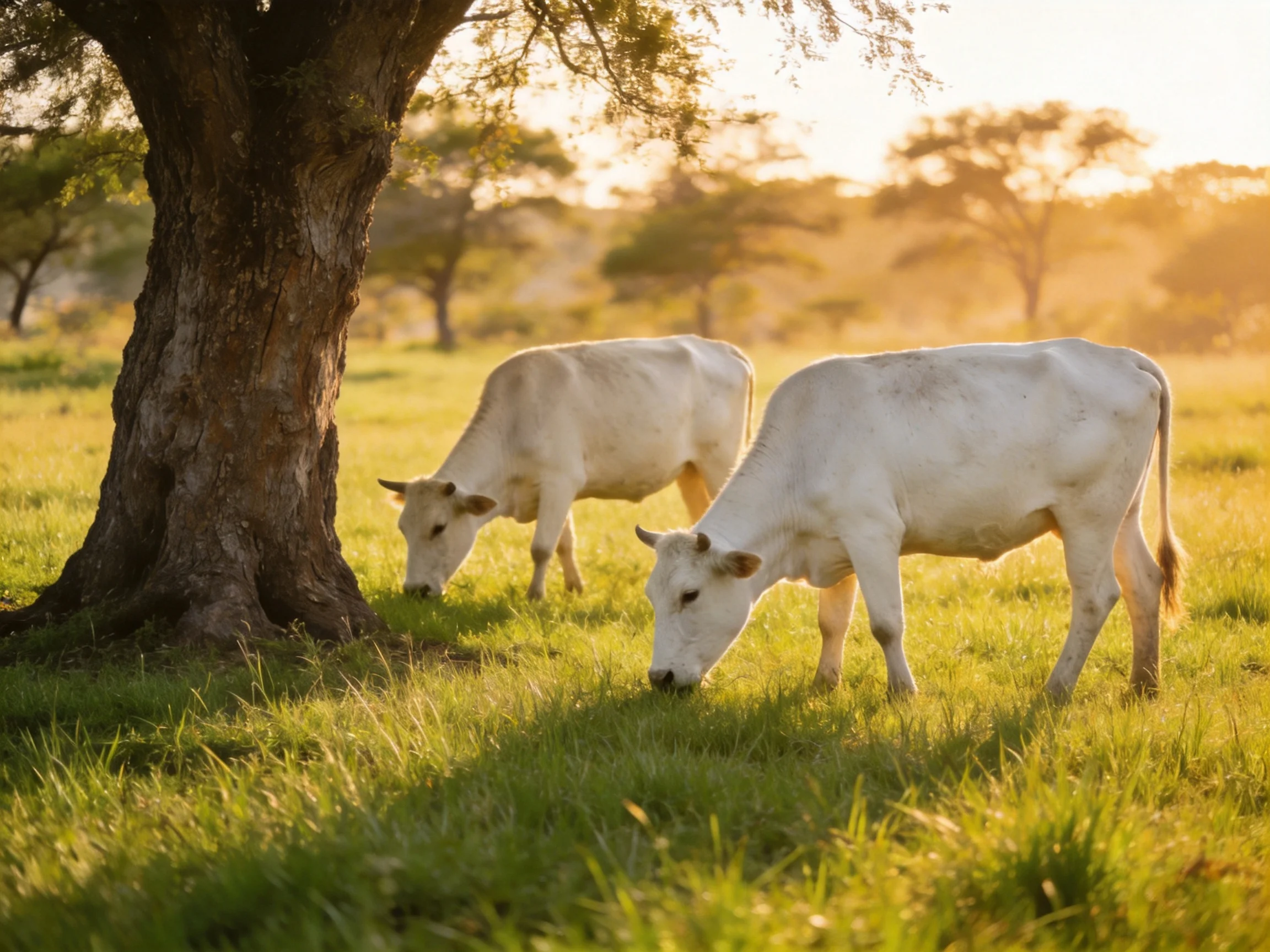 Two white cattle graze in a sunlit meadow near a large tree.