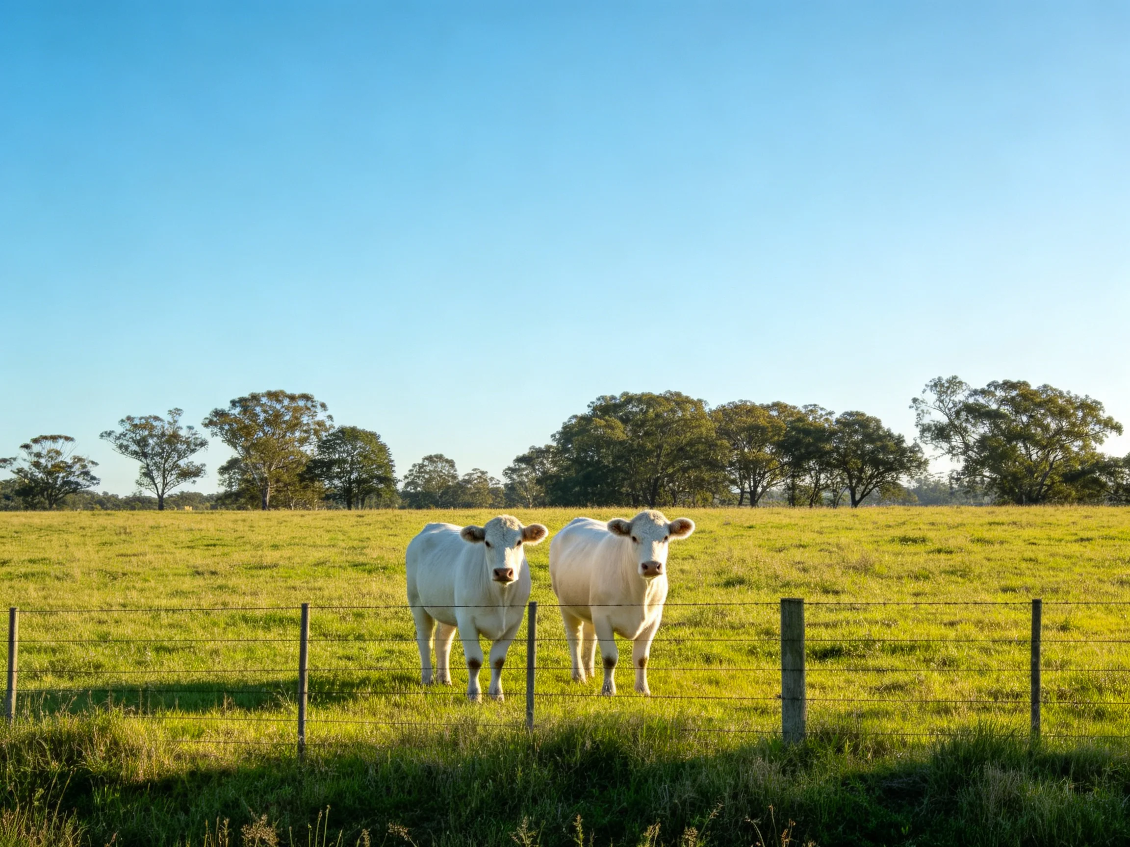 Two white cattle near a wire fence in a sunlit pasture