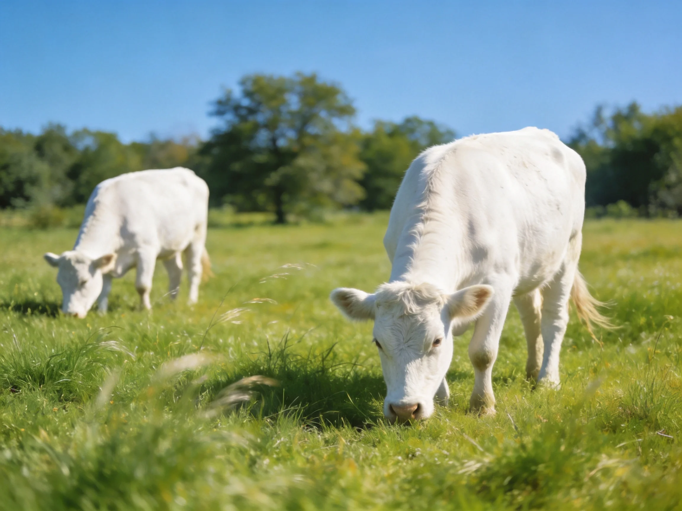 Two white cows graze in a lush green meadow under sunny skies