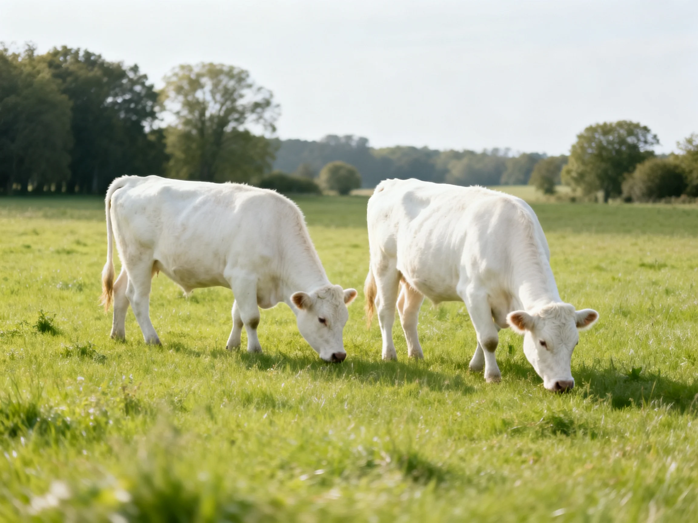 Two white cows graze in a lush green meadow with distant trees