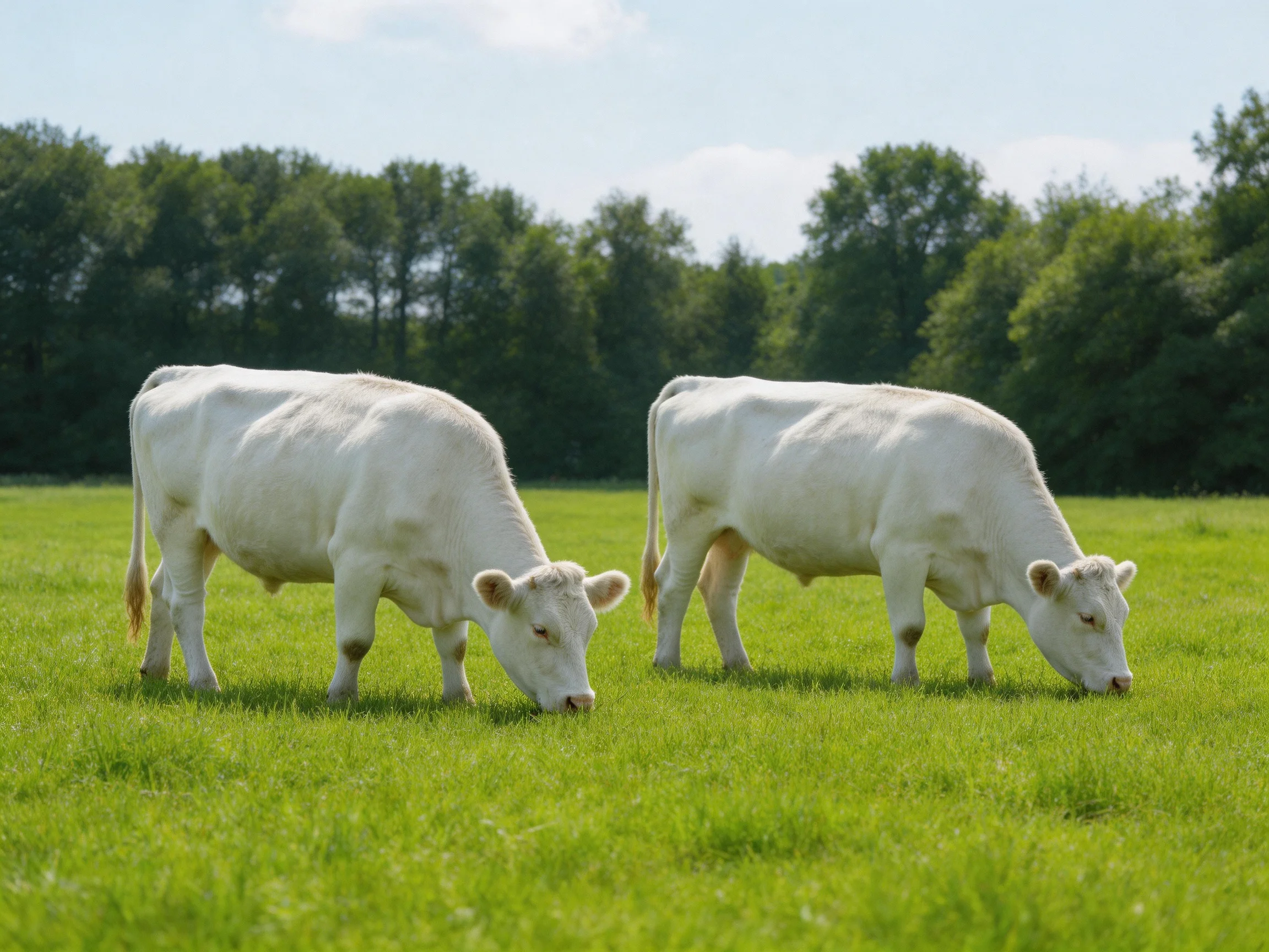 Two white cows graze in a lush green pasture near tall trees