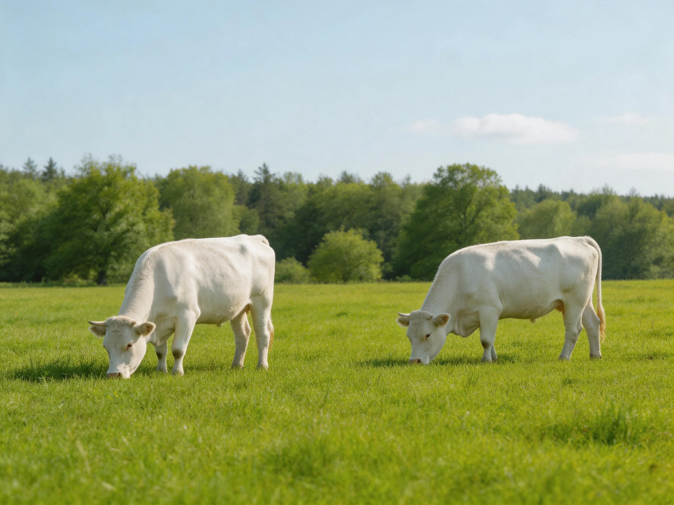 Two white cows graze in a sunlit green pasture.