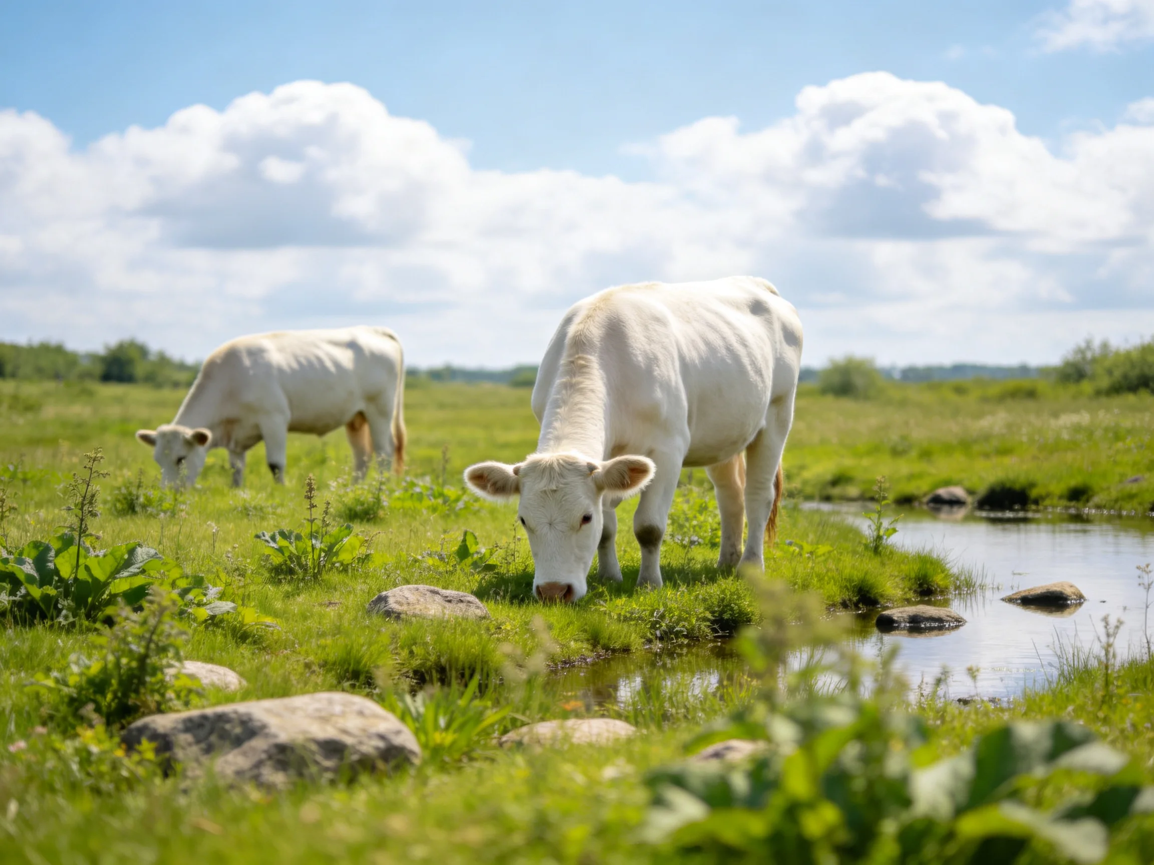 Two white cows graze in a sunny meadow beside a small stream.