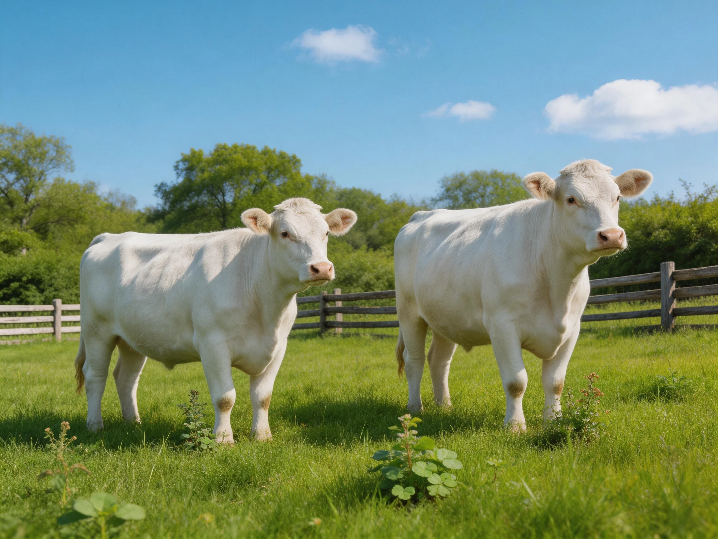 Two white cows in a lush green pasture near a wooden fence