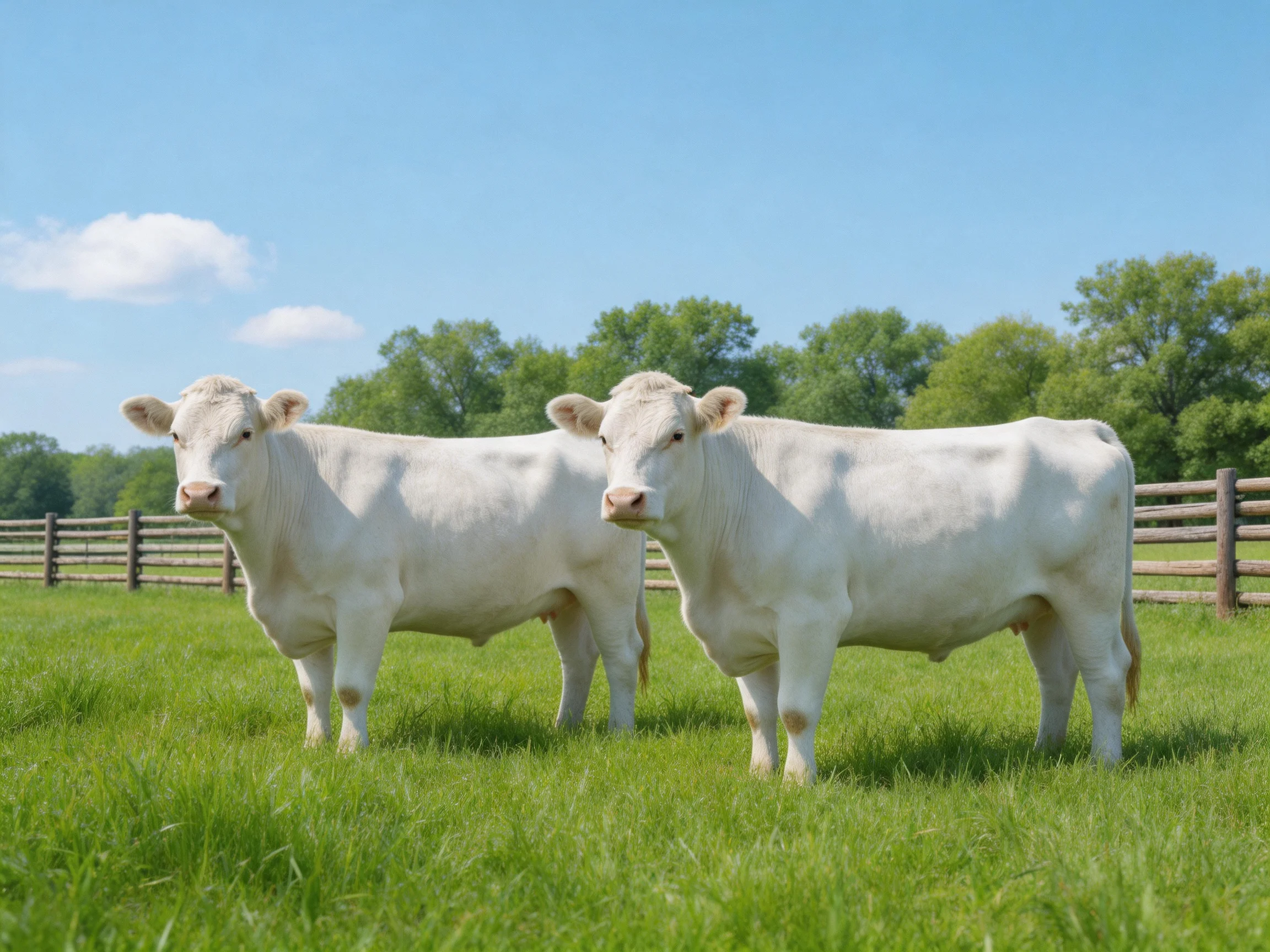 Two white cows in a sunlit green pasture with wooden fencing