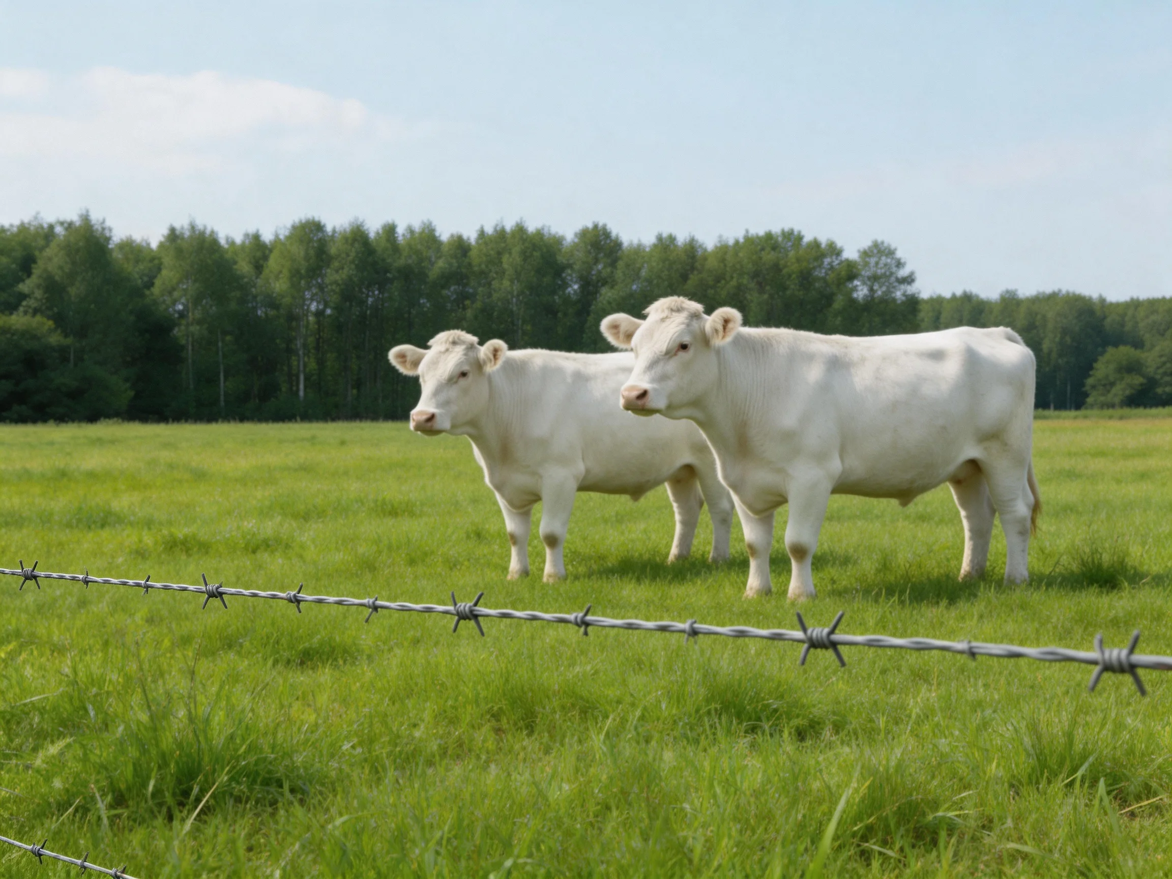 Two white cows near a barbed wire fence in a green pasture