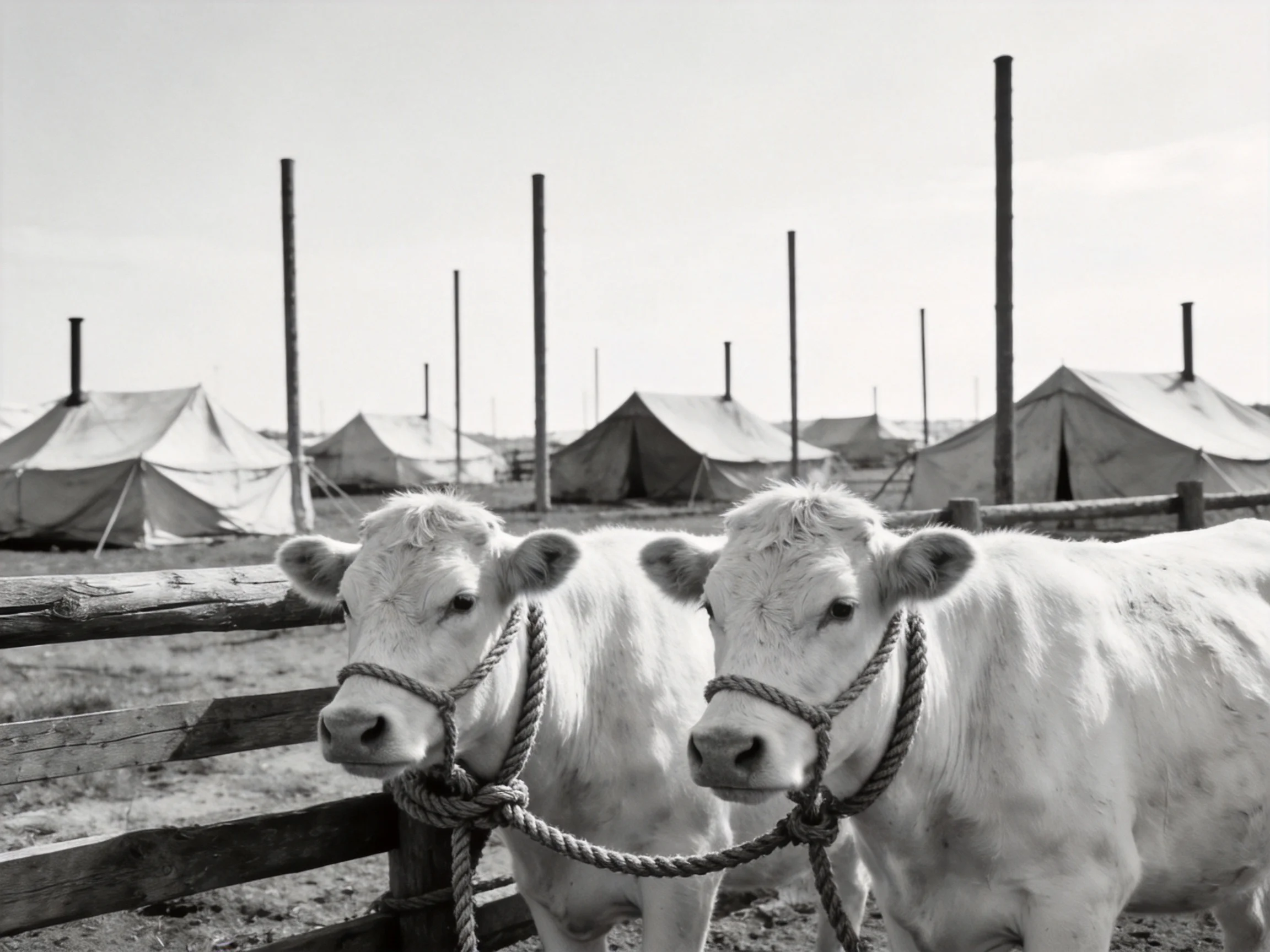 Two white cows near wooden fence with multiple tents behind