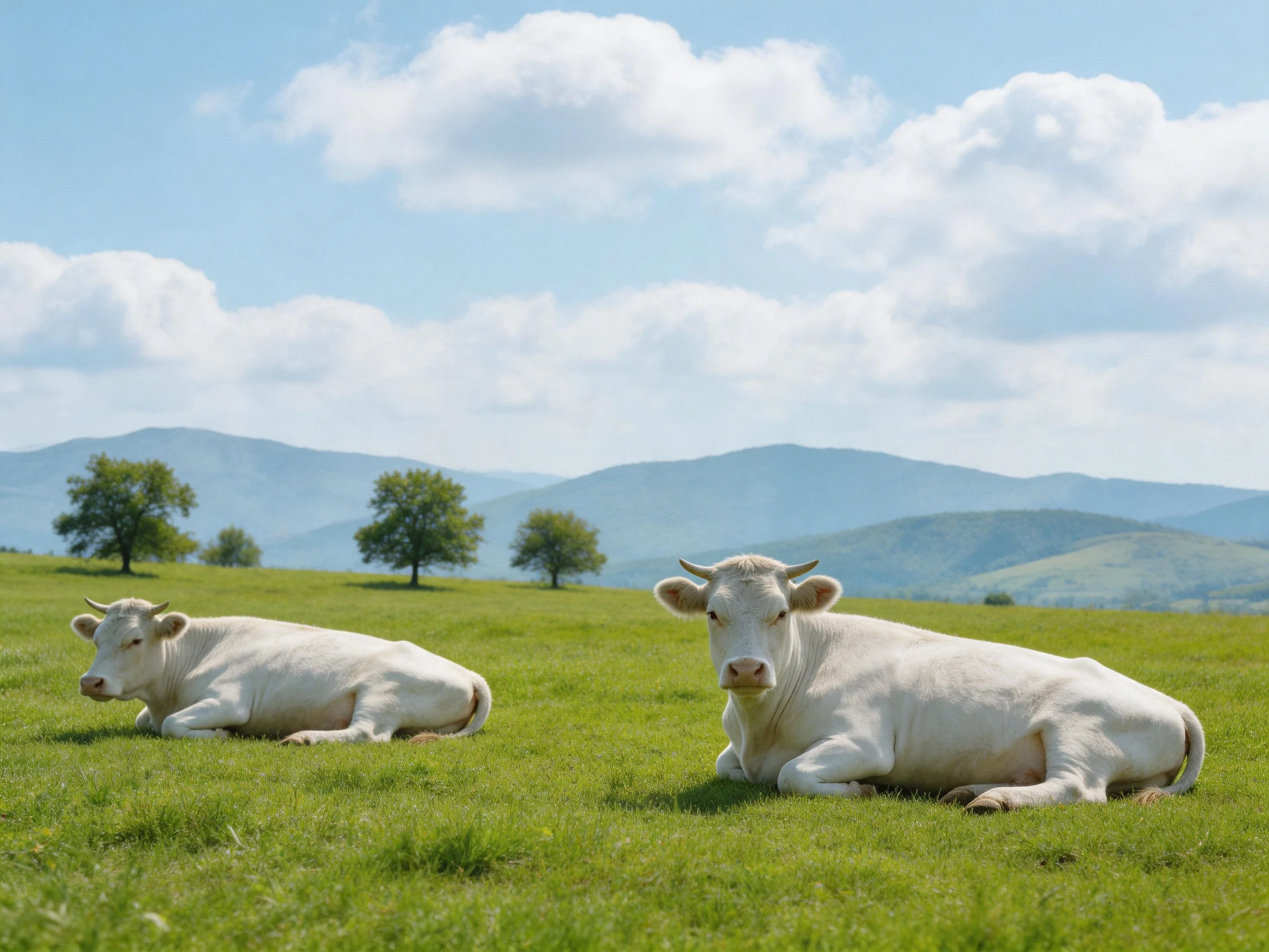 Two white cows relax on a grassy hillside near rolling mountains.