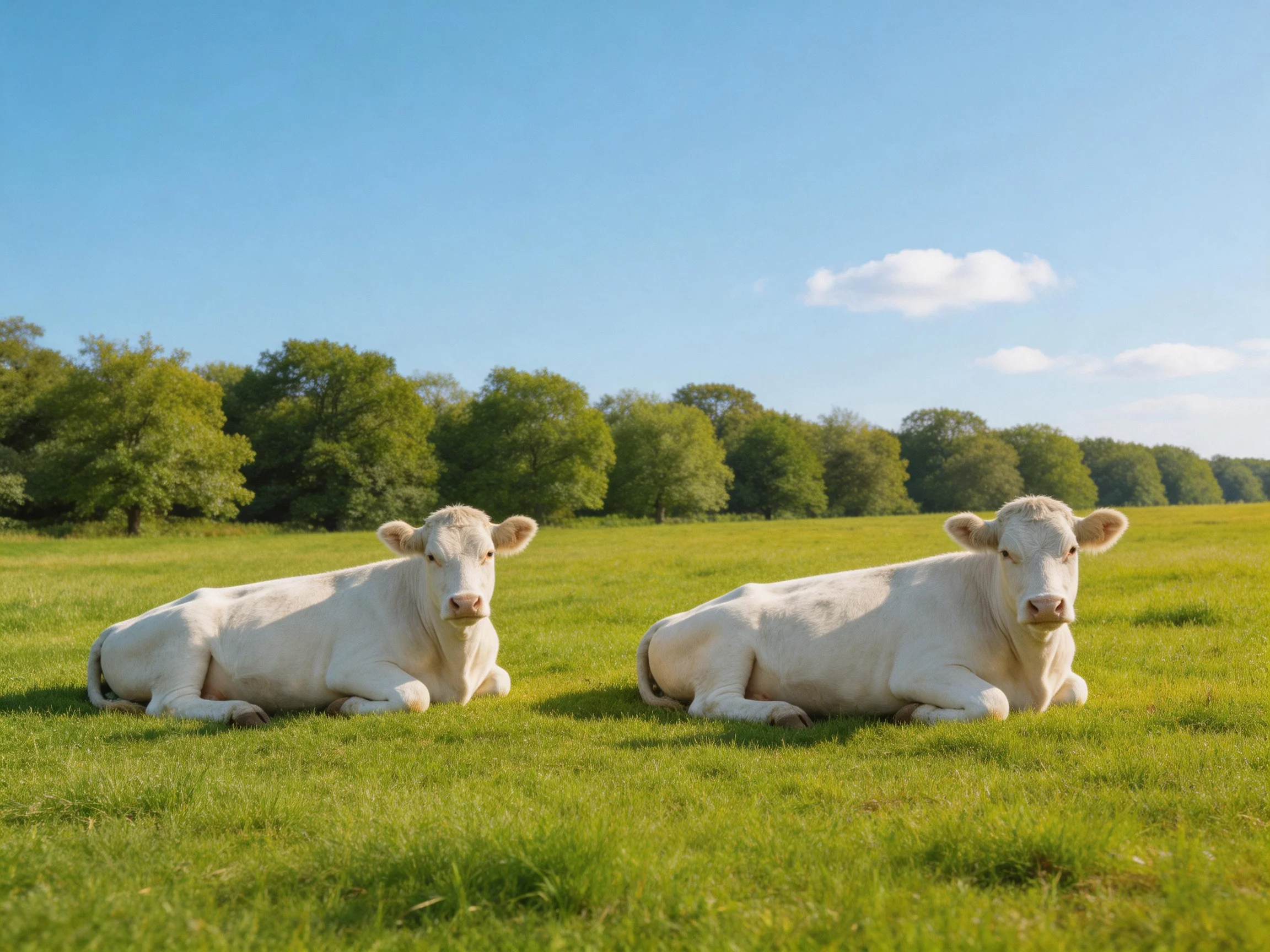 Two white cows rest in a sunlit green meadow.