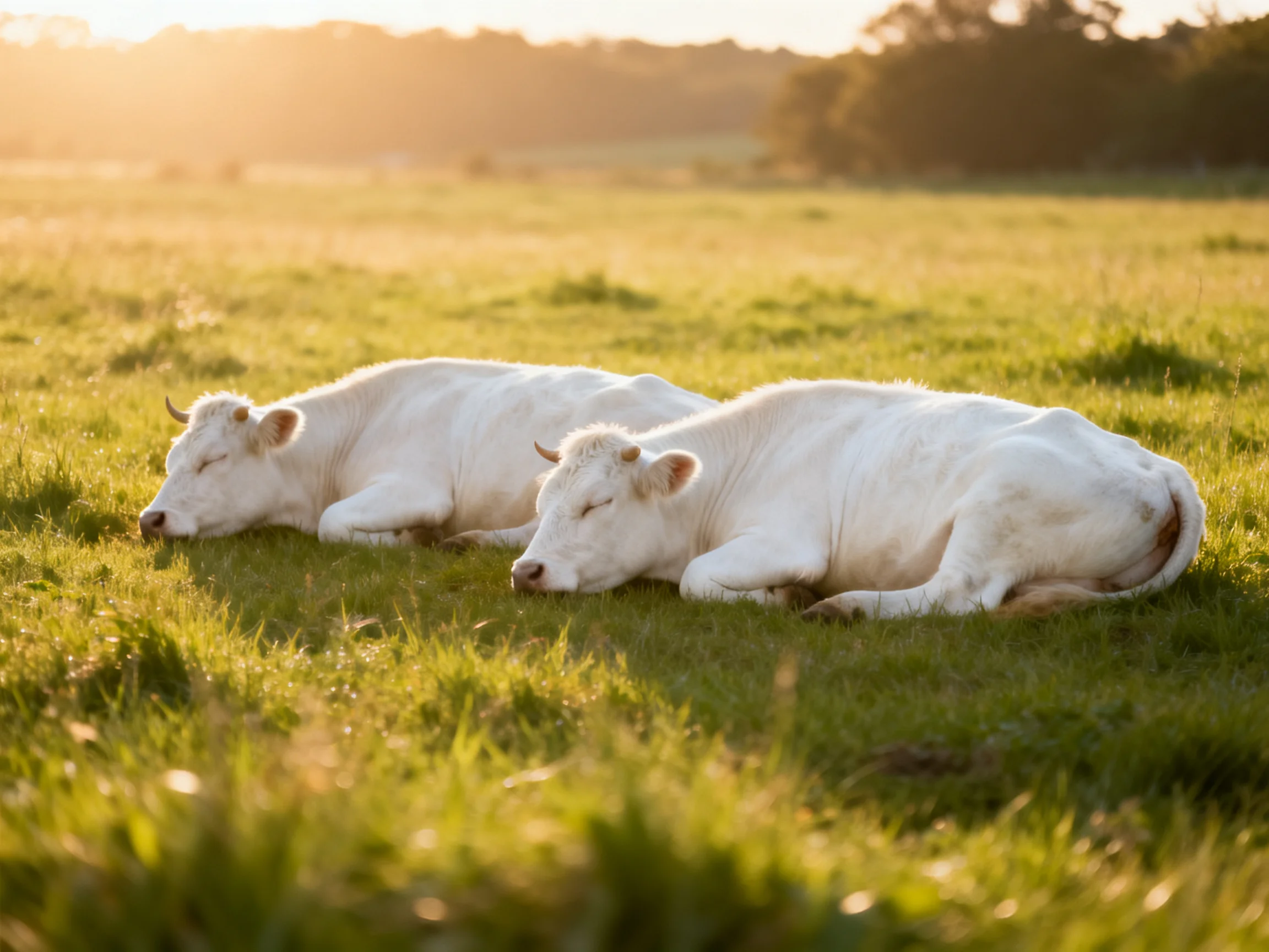 Two white cows rest in a sunlit green pasture