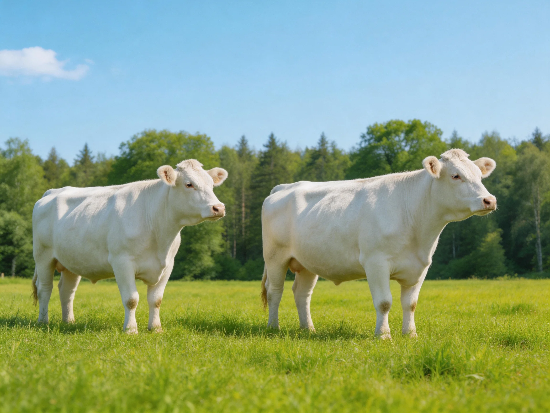 Two white cows stand in a green pasture with forest backdrop