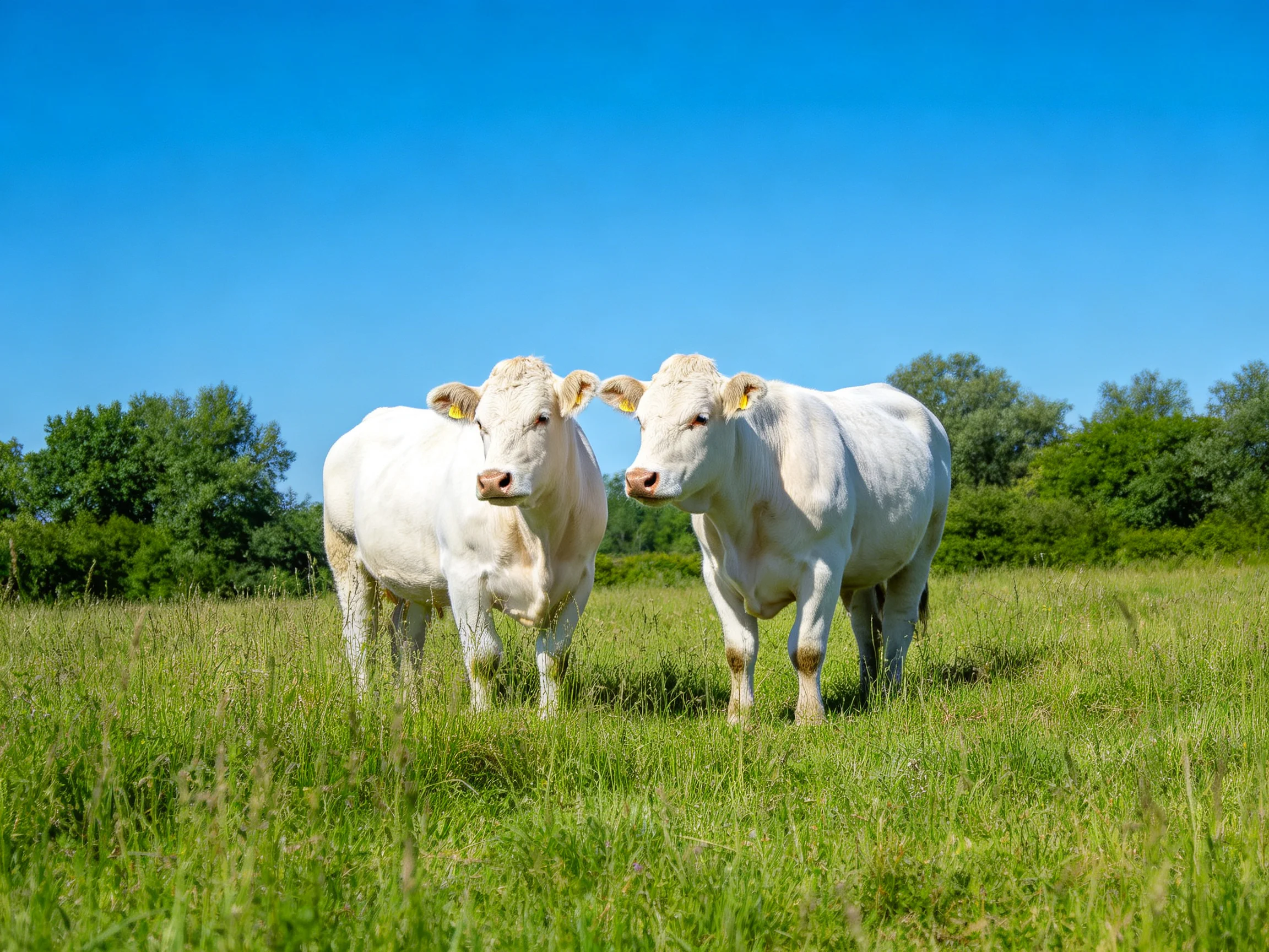 Two white cows stand together in a sunlit green pasture.