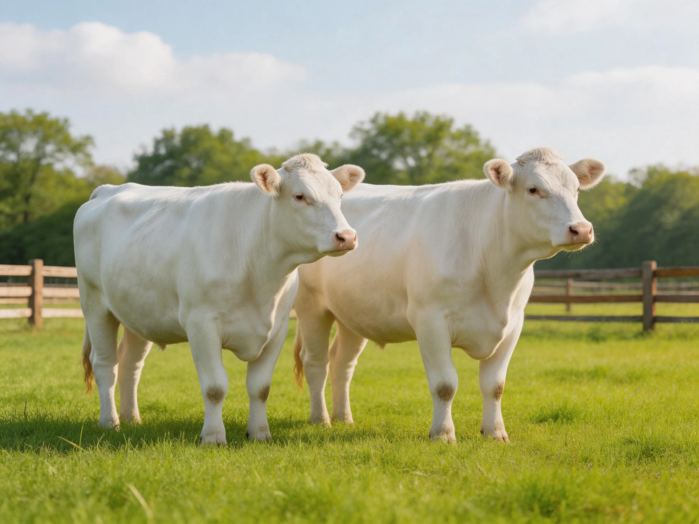 Two white cows stand together on a green pasture with wooden fences