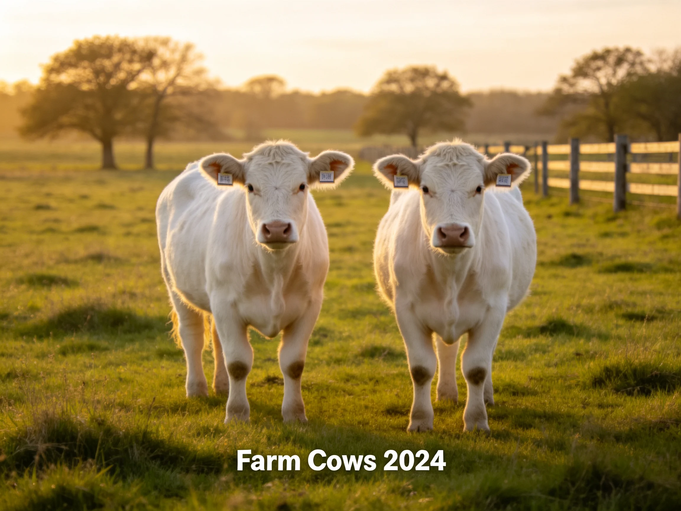 Two white cows stand together in a sunlit farm field.