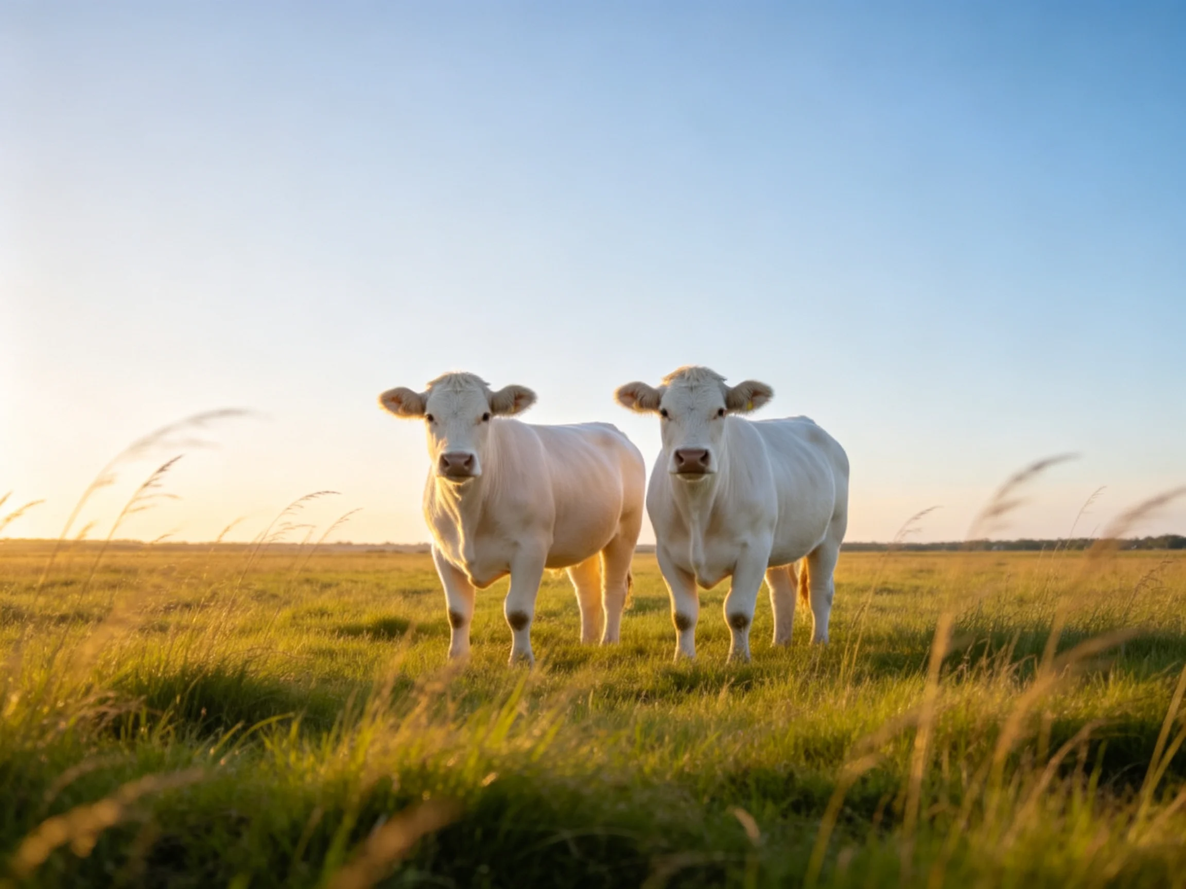 Two white cows stand in a sunlit green pasture under a clear blue sky