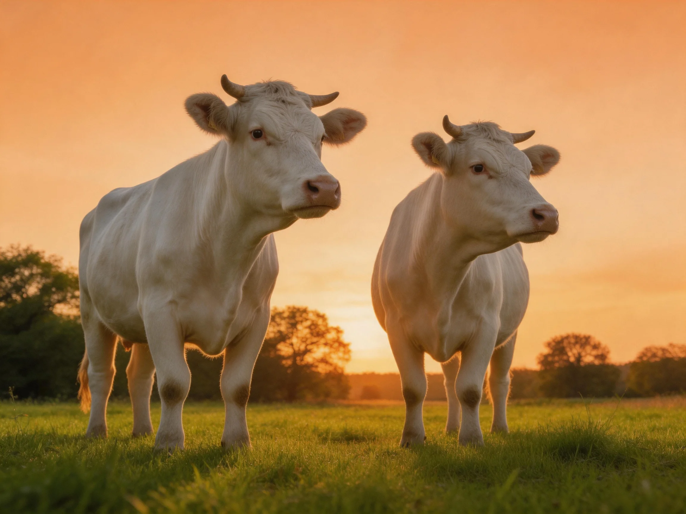 Two white cows stand together in a sunlit meadow as the sun sets.