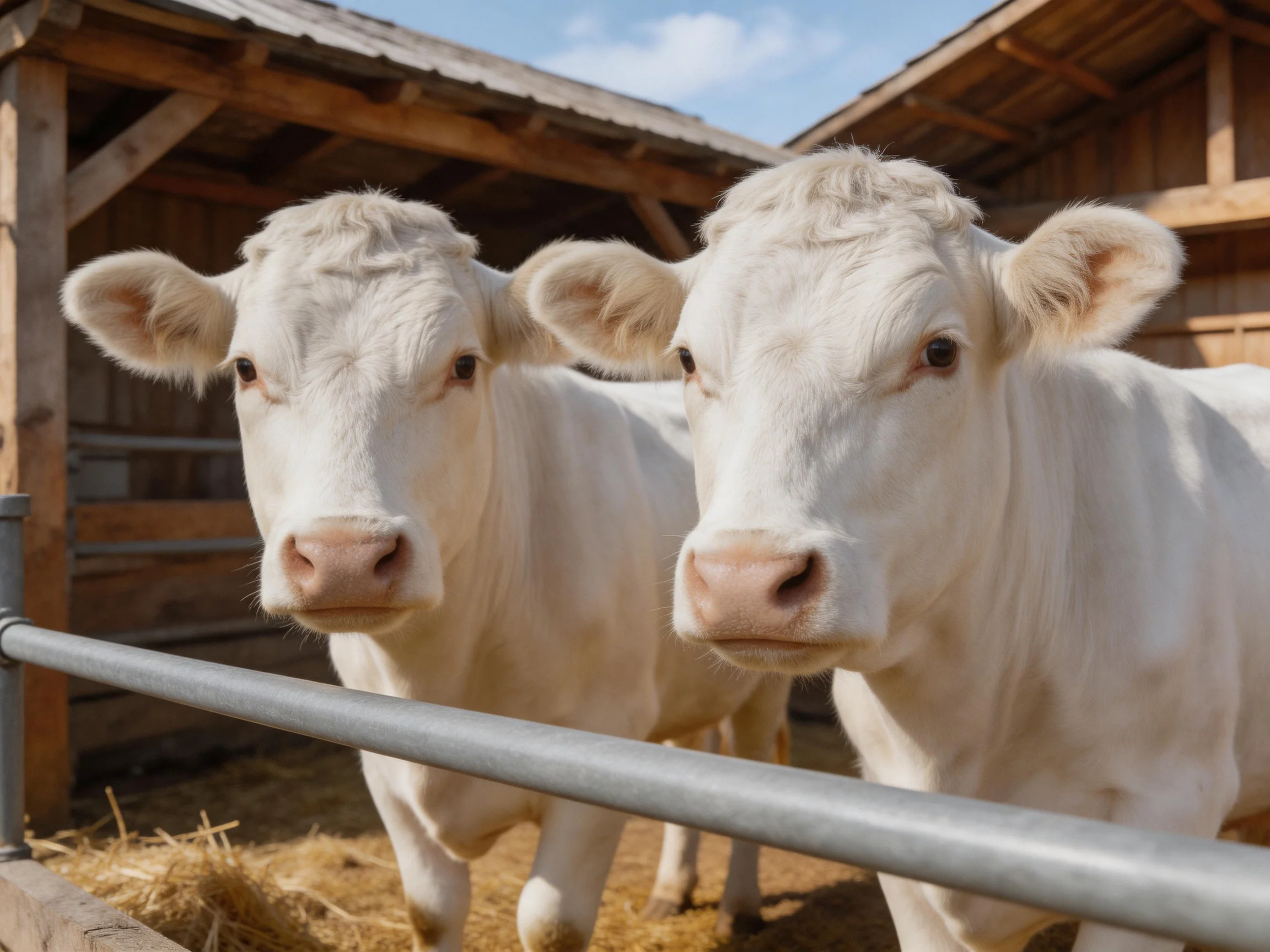 Two white cows stand near wooden barns with golden straw