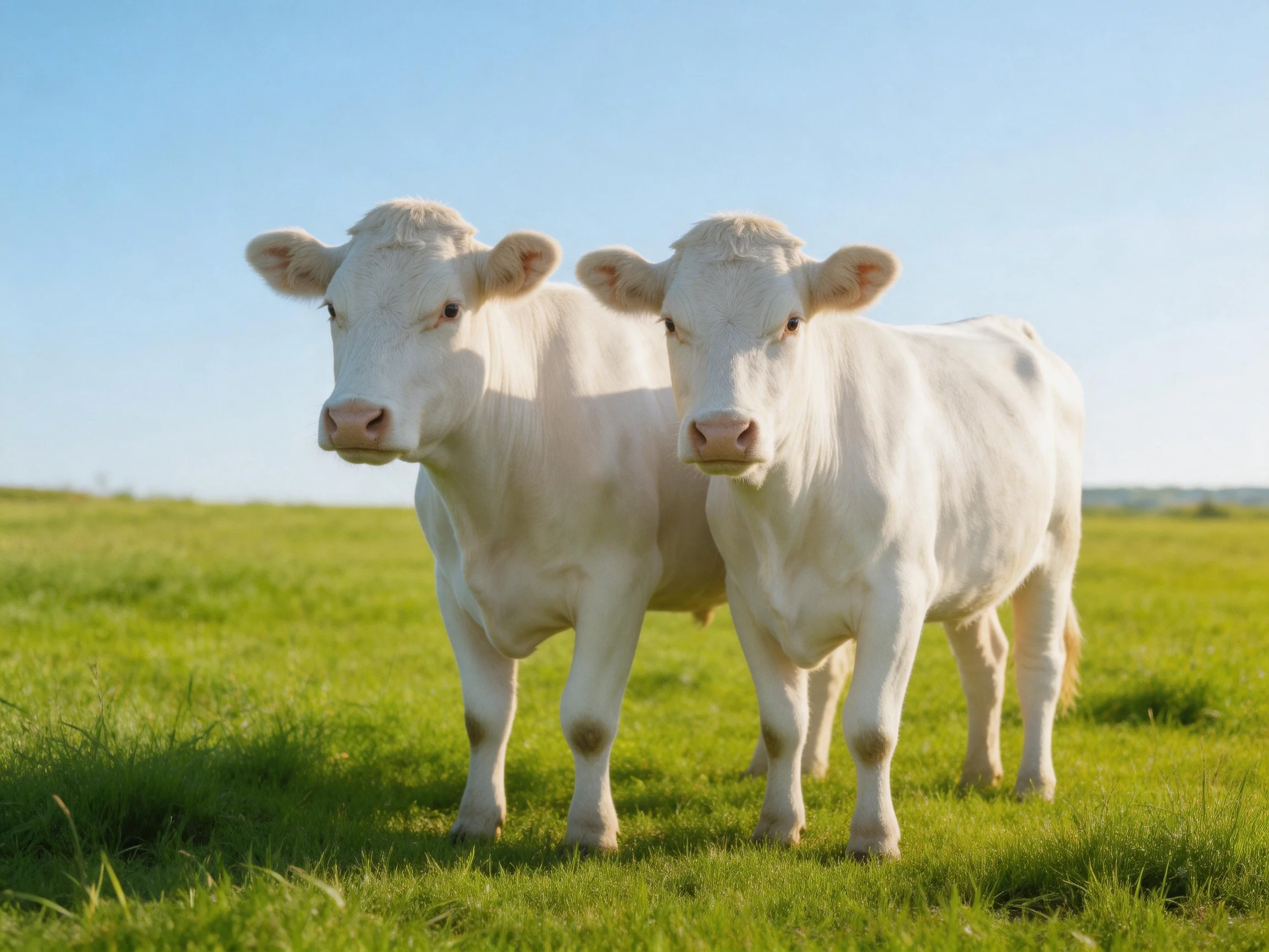 Two white cows stand together in a lush green pasture
