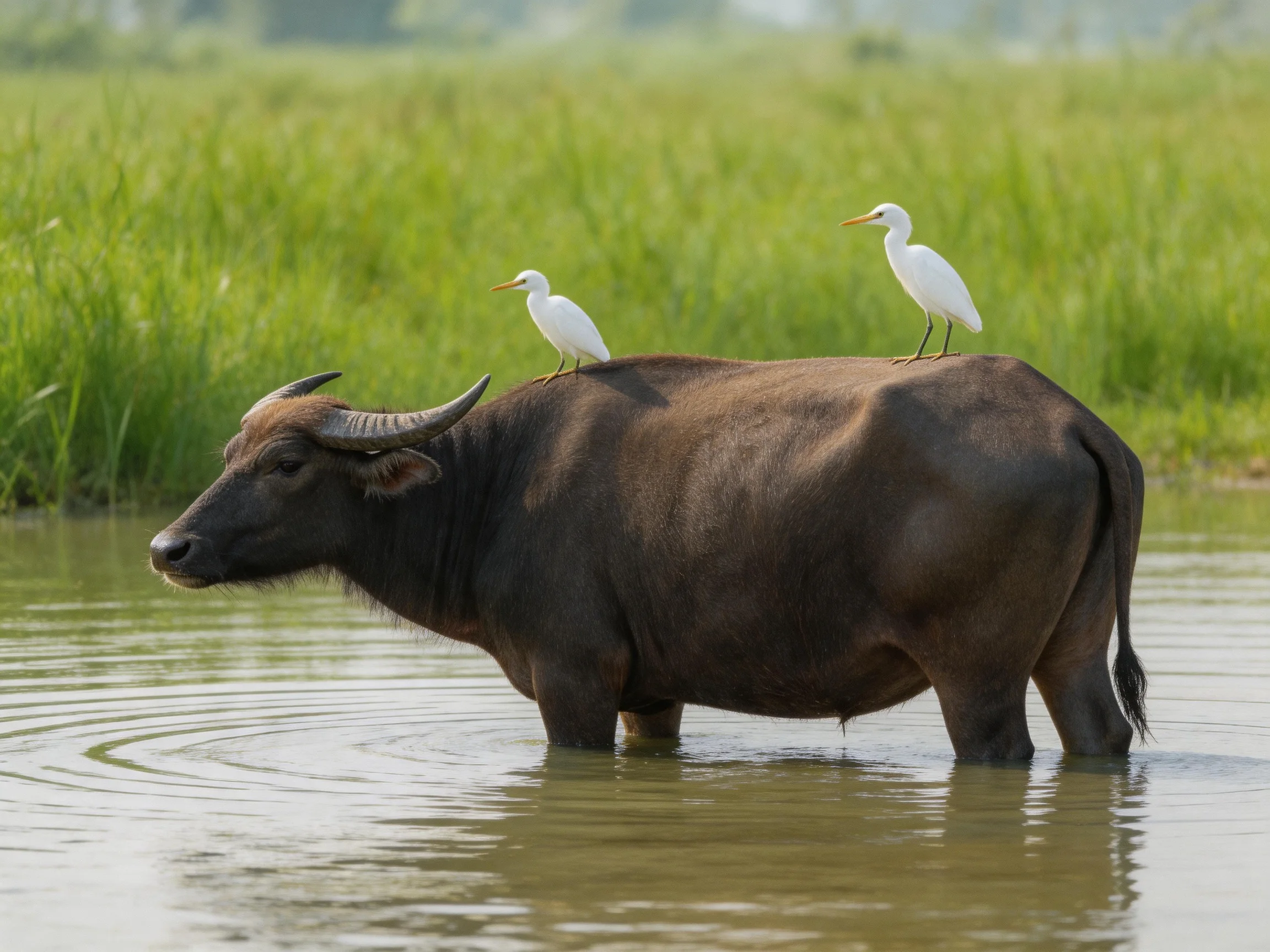 Two white egrets rest on a large brown water buffalo in shallow water