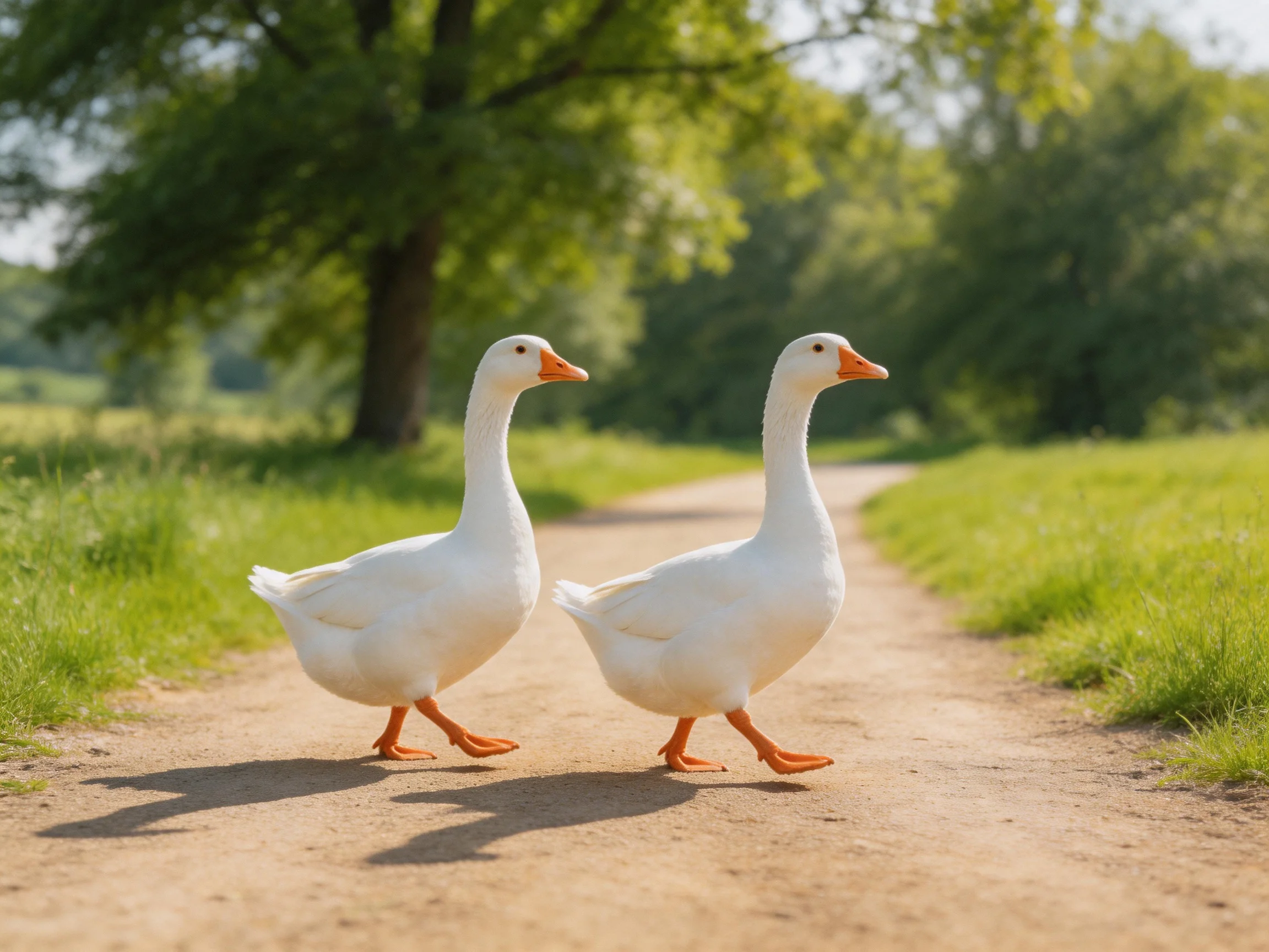 Two white geese with orange beaks walk along a sunlit dirt path near lush green trees
