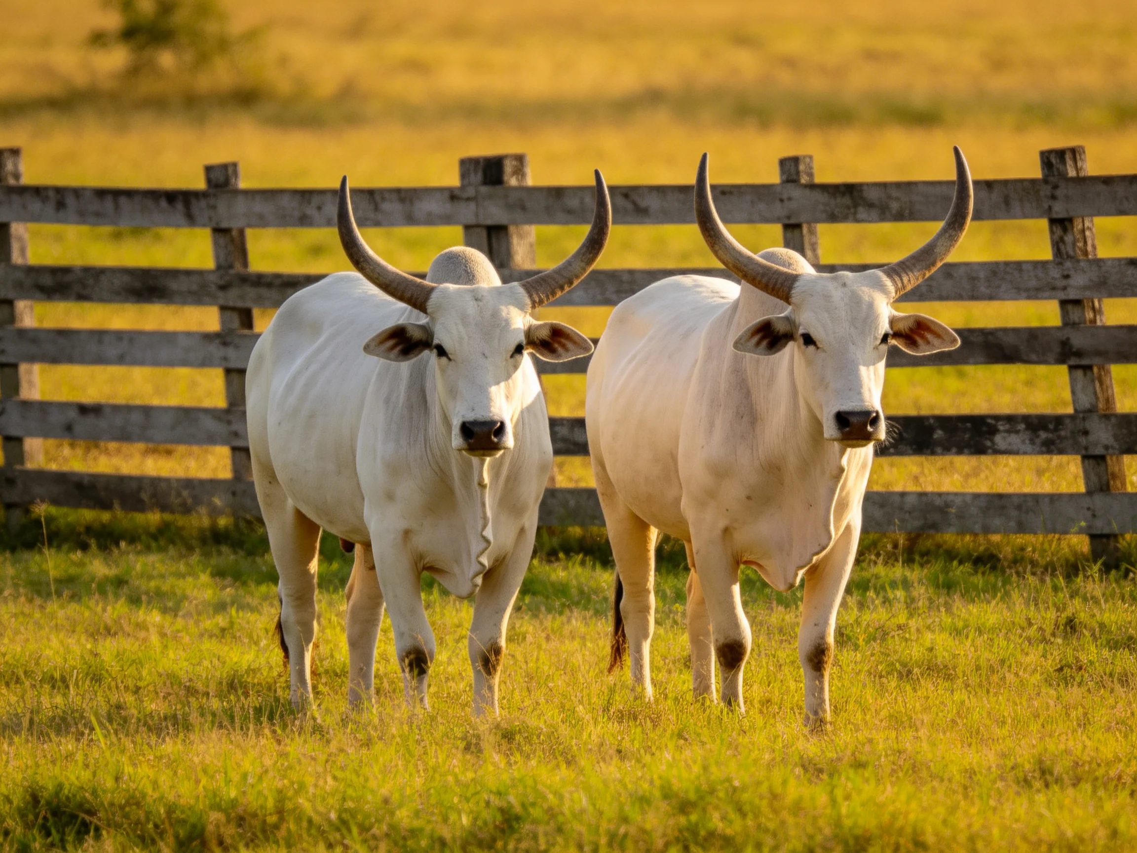 Two white horned cattle near a weathered wooden fence in golden grass