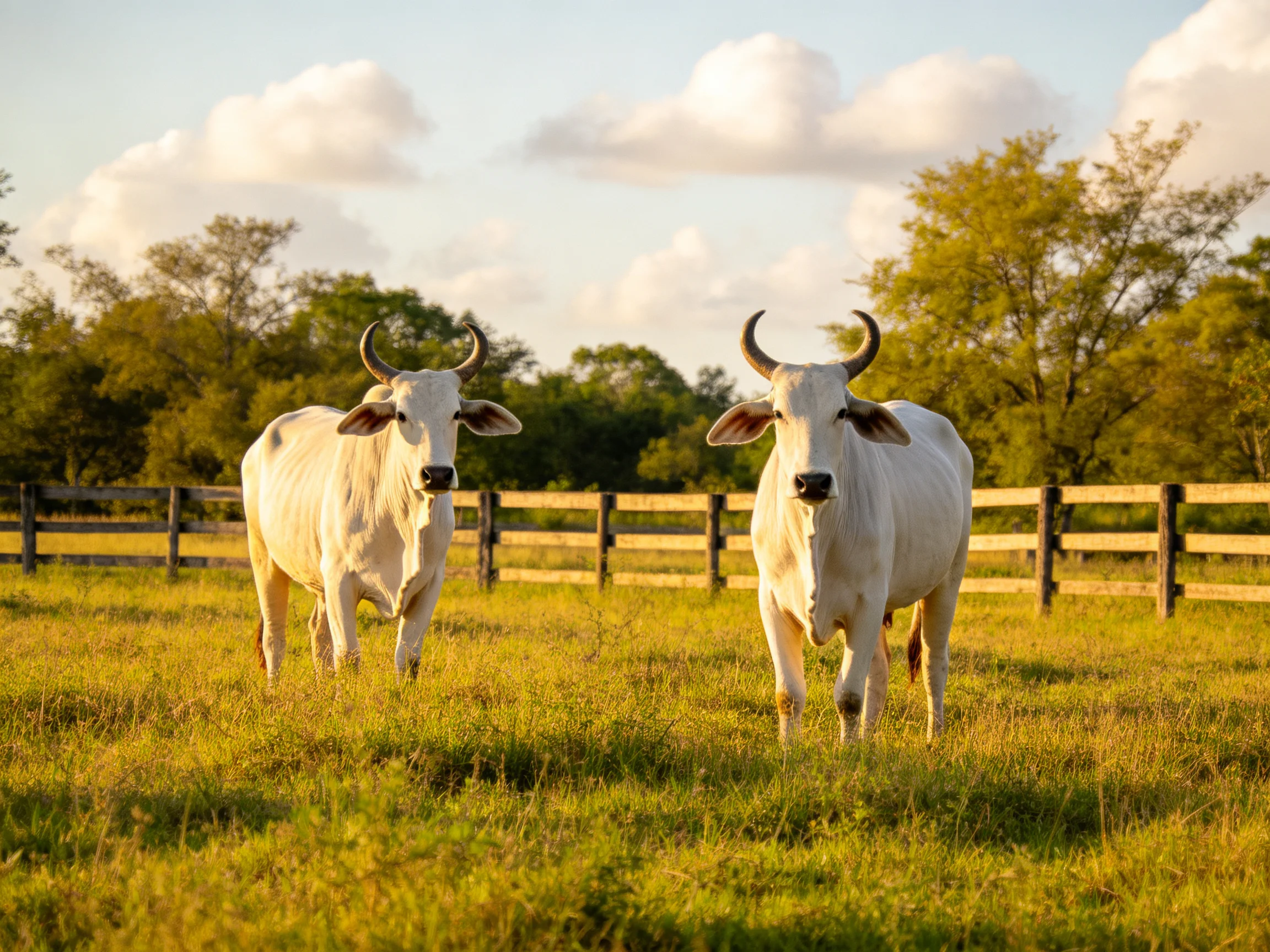 Two white horned cattle stand a sunlit grassy pasture with a wooden fence
