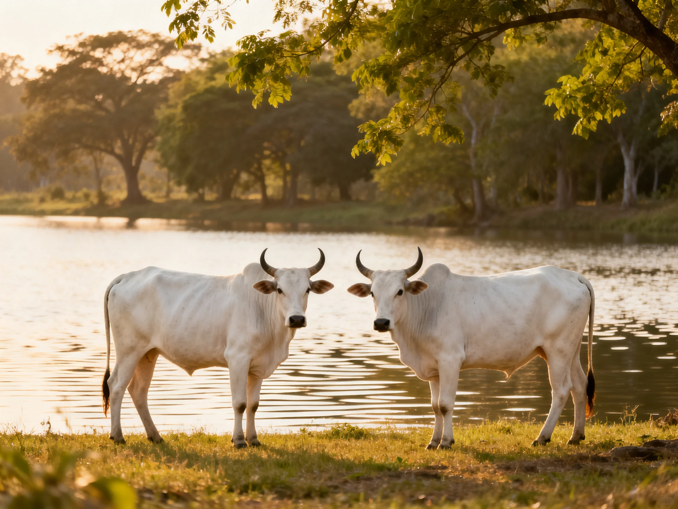 Two white horned cattle stand by a calm river with lush green trees