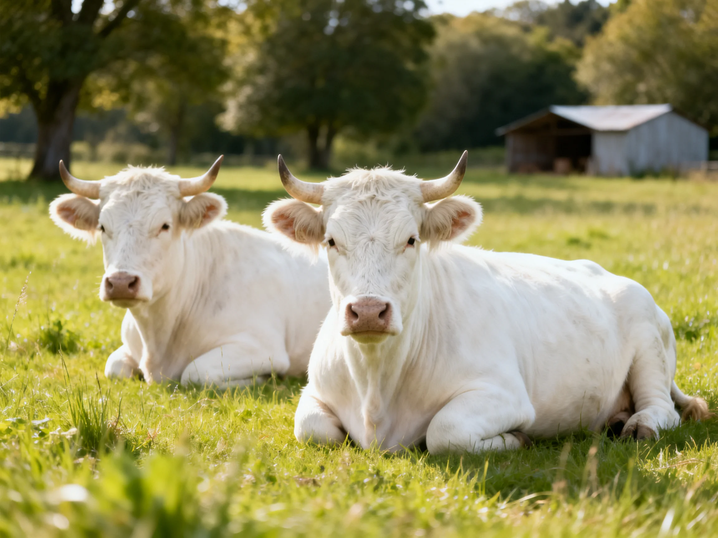 Two white horned cows rest in a sunlit grassy pasture