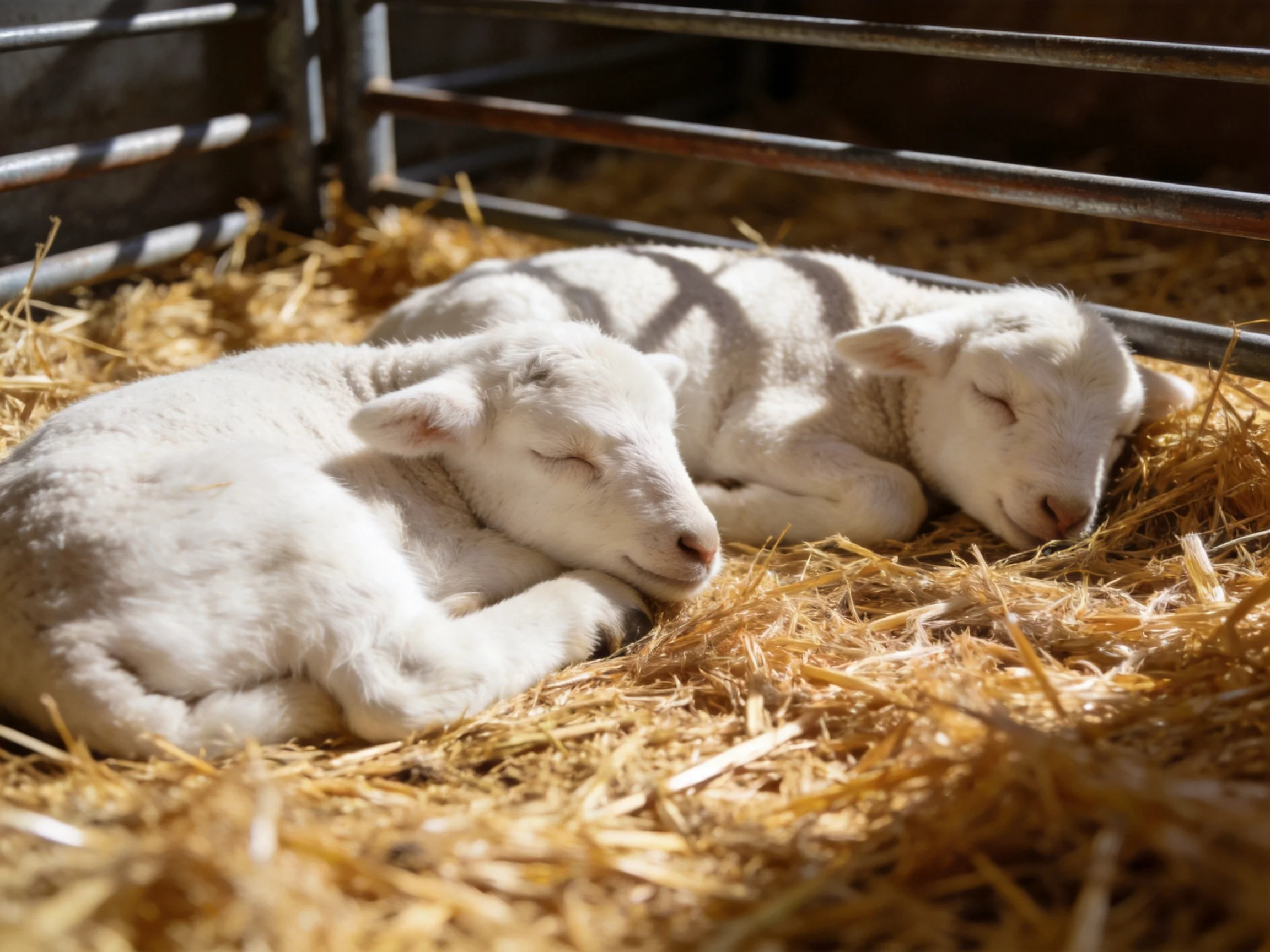 Two white lambs rest on golden straw inside a metal enclosure