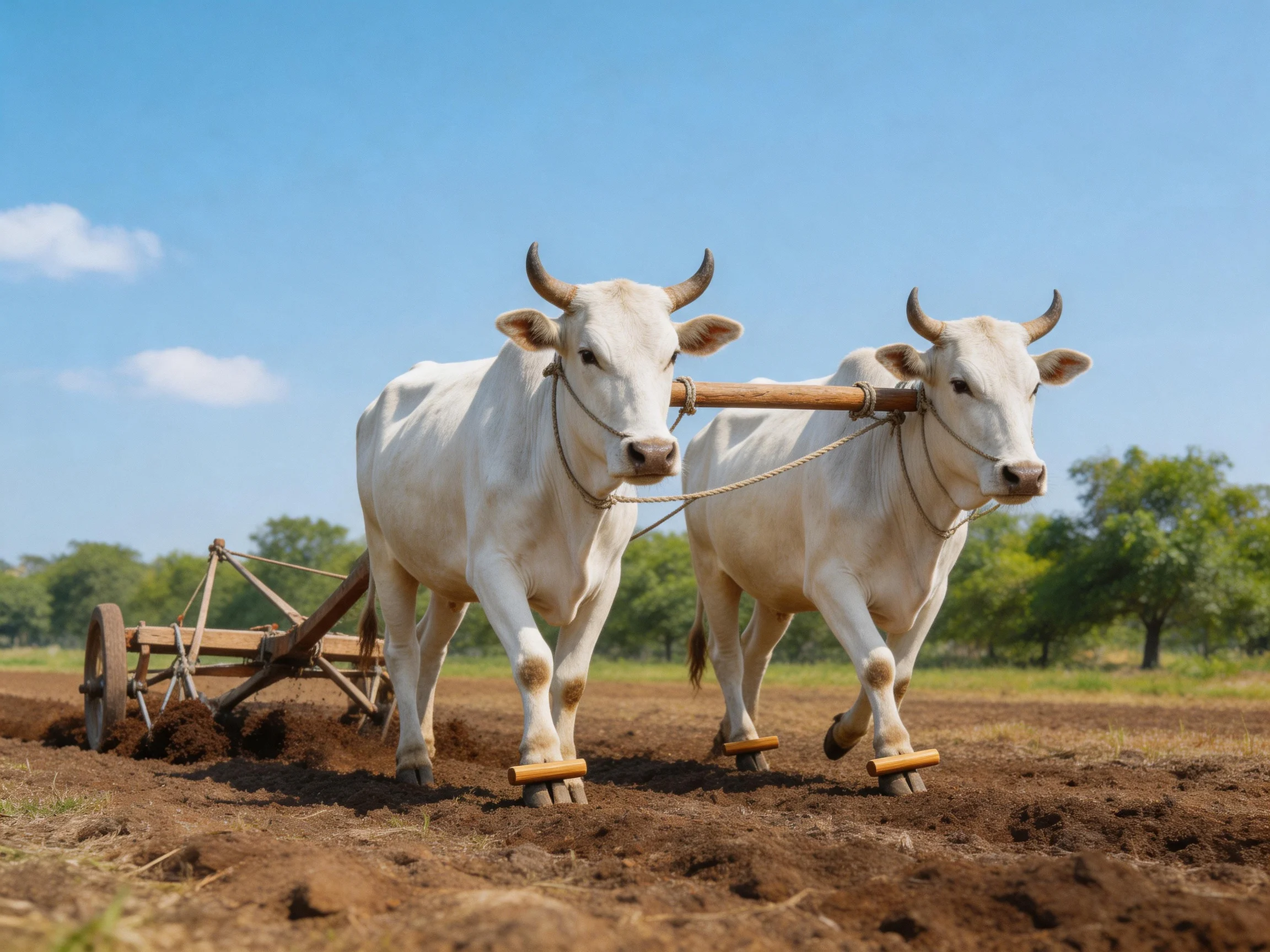 Two white oxen pull a wooden plow across brown farmland