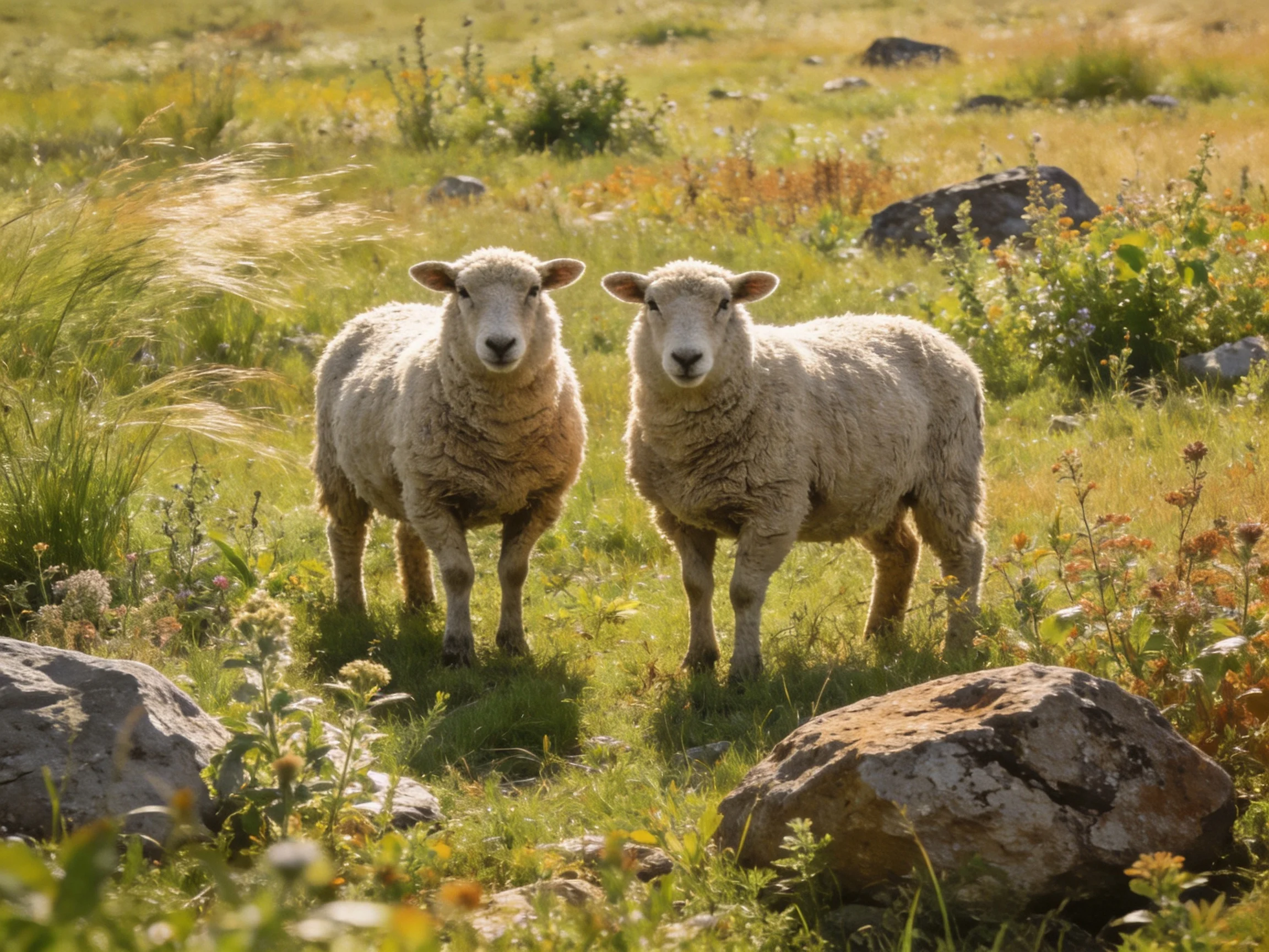 Two woolly sheep stand in a sunlit meadow with rocks and wildflowers