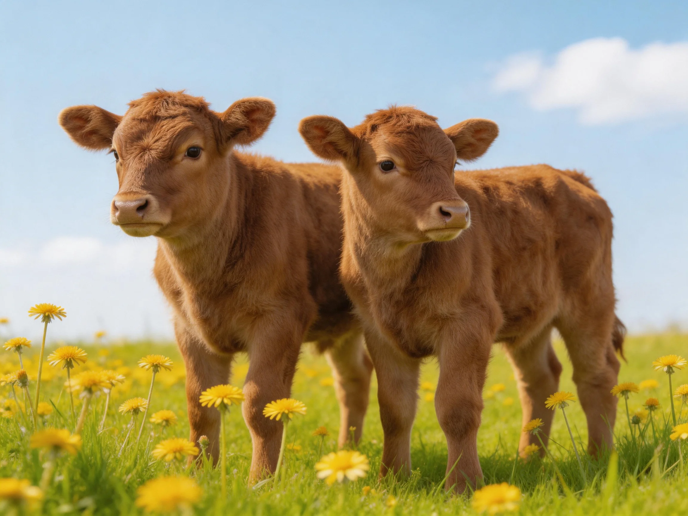 Two young brown calves standing among yellow wildflowers in a green meadow