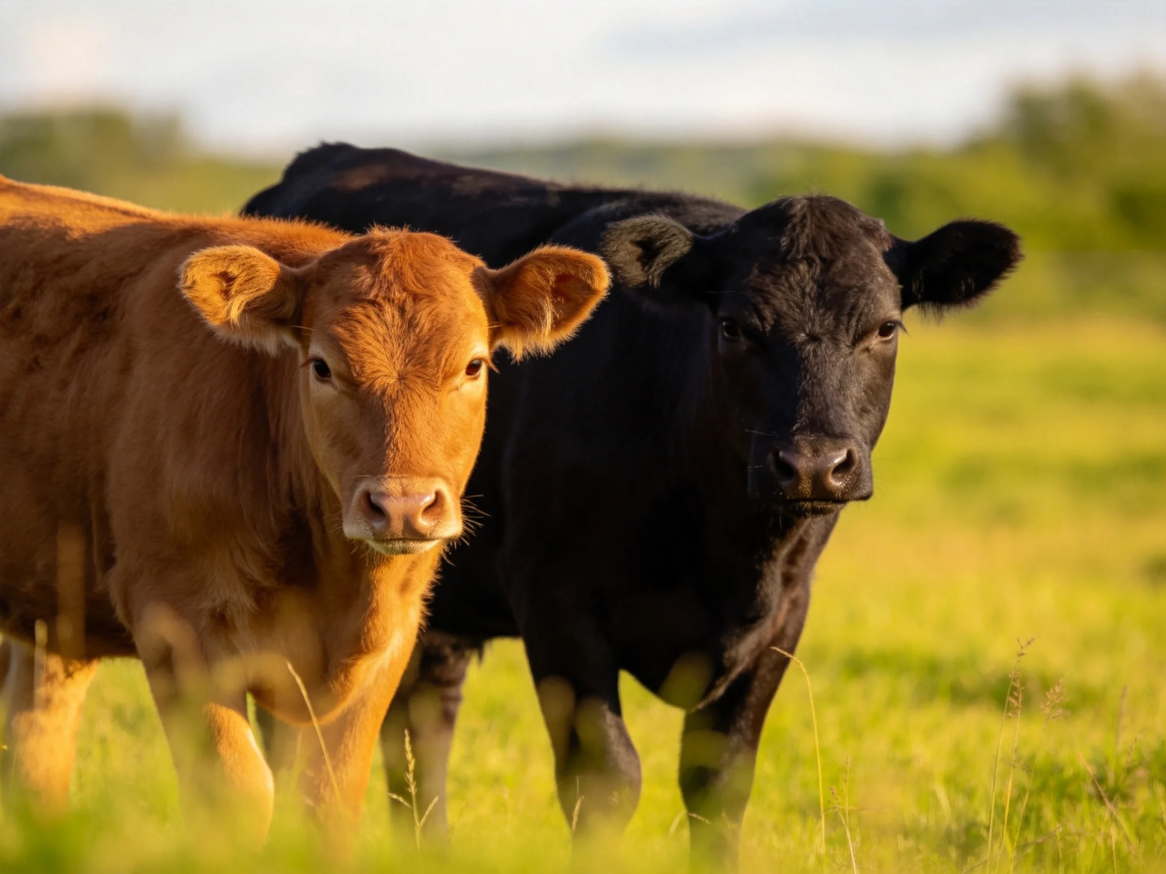 Two young calves, brown and black, stand in a sunlit green pasture