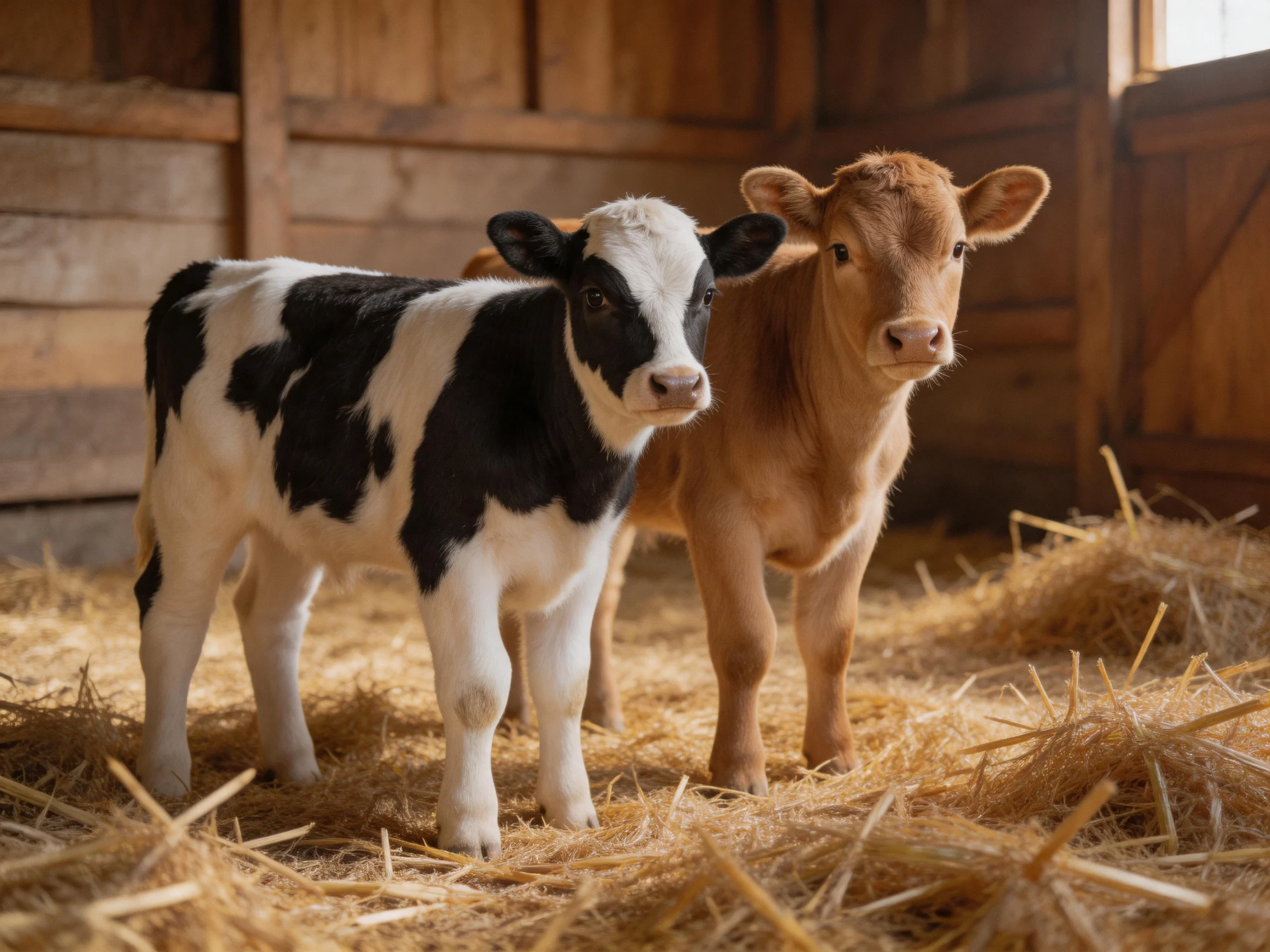 Two young calves, one black-and-white, one brown, stand on golden straw in a rustic wooden barn