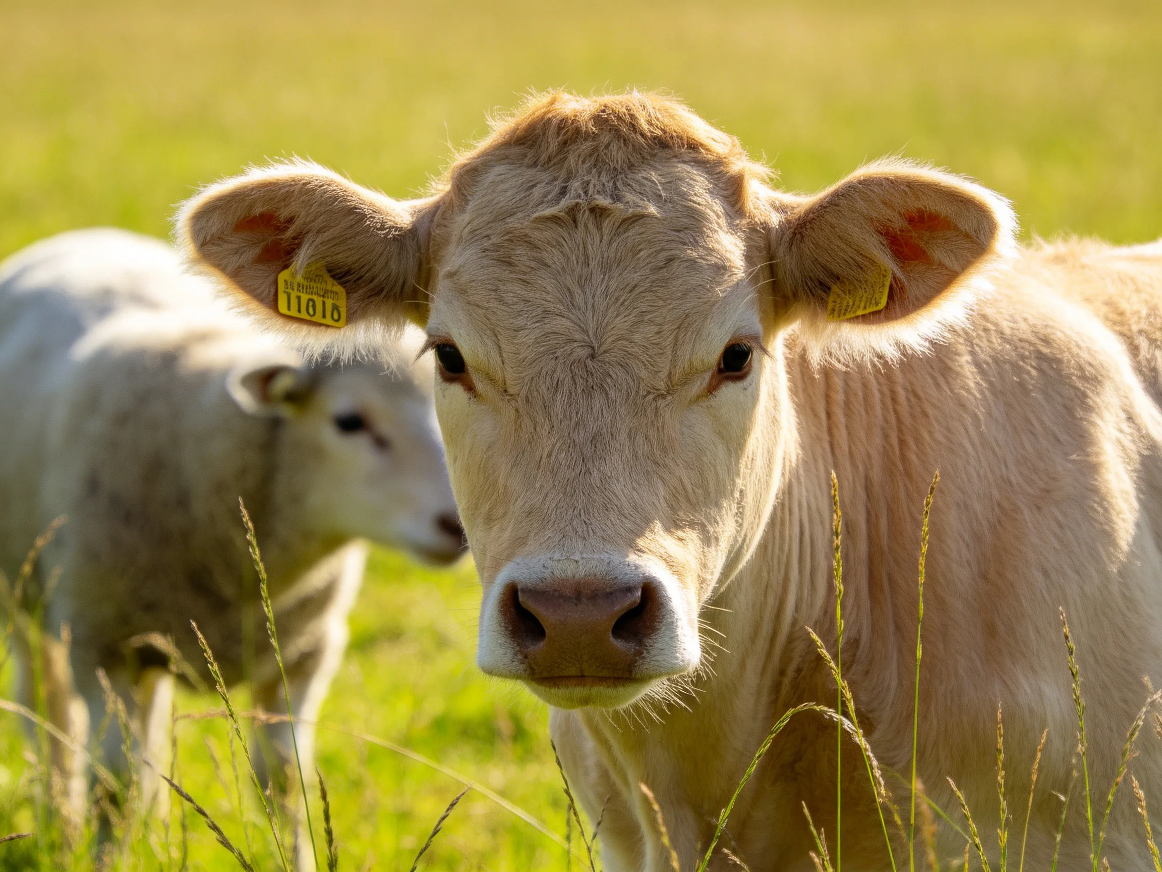 Two young cattle, one tan and one white, graze in a sunlit green meadow