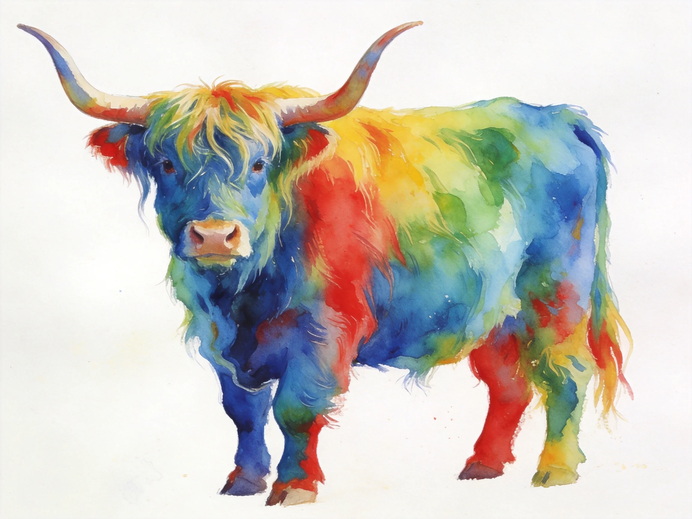Vibrant multicolor watercolor of a Highland cow with large horns