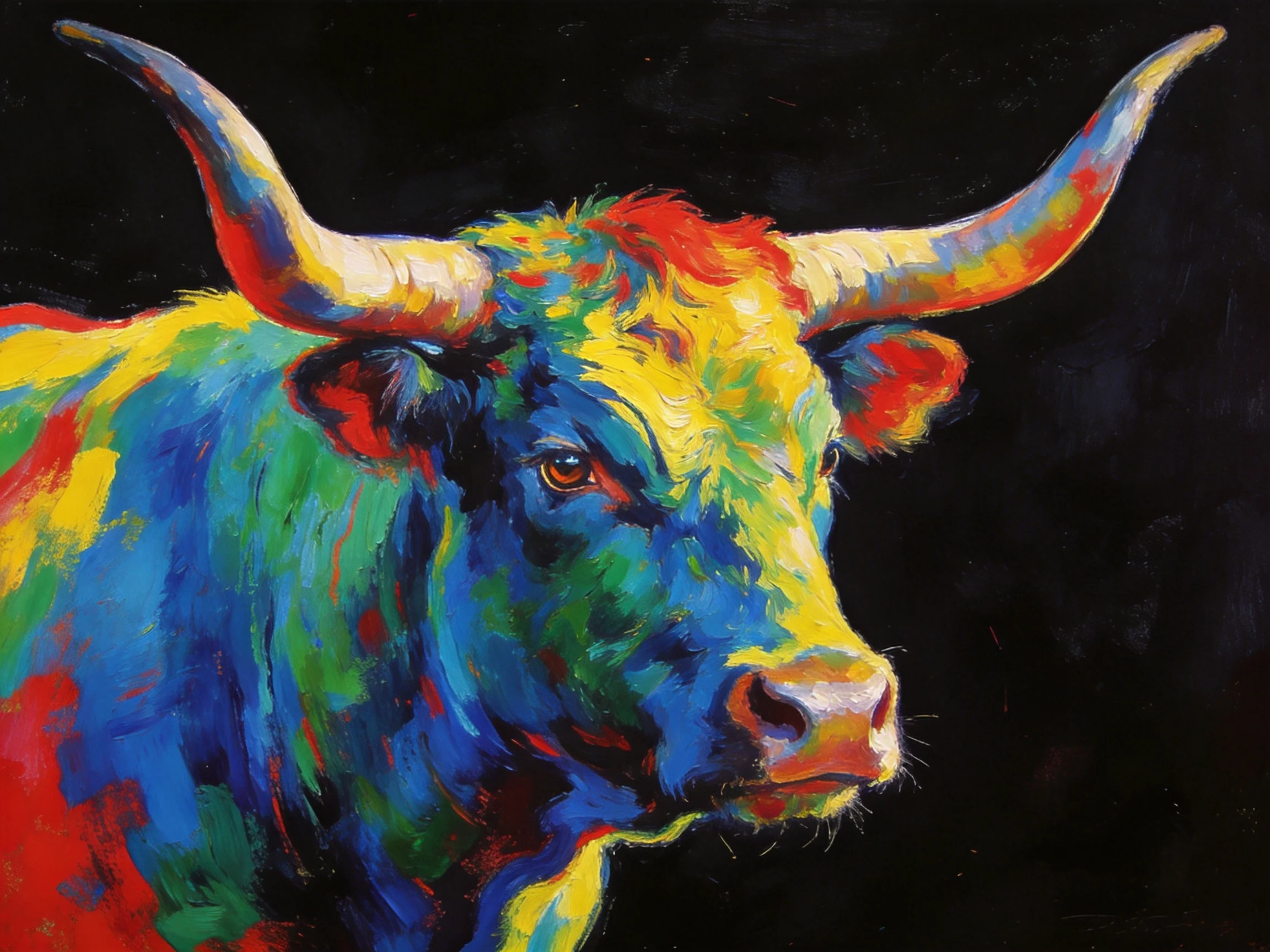 Vibrant multicolored bull artwork with bold hue contrasts